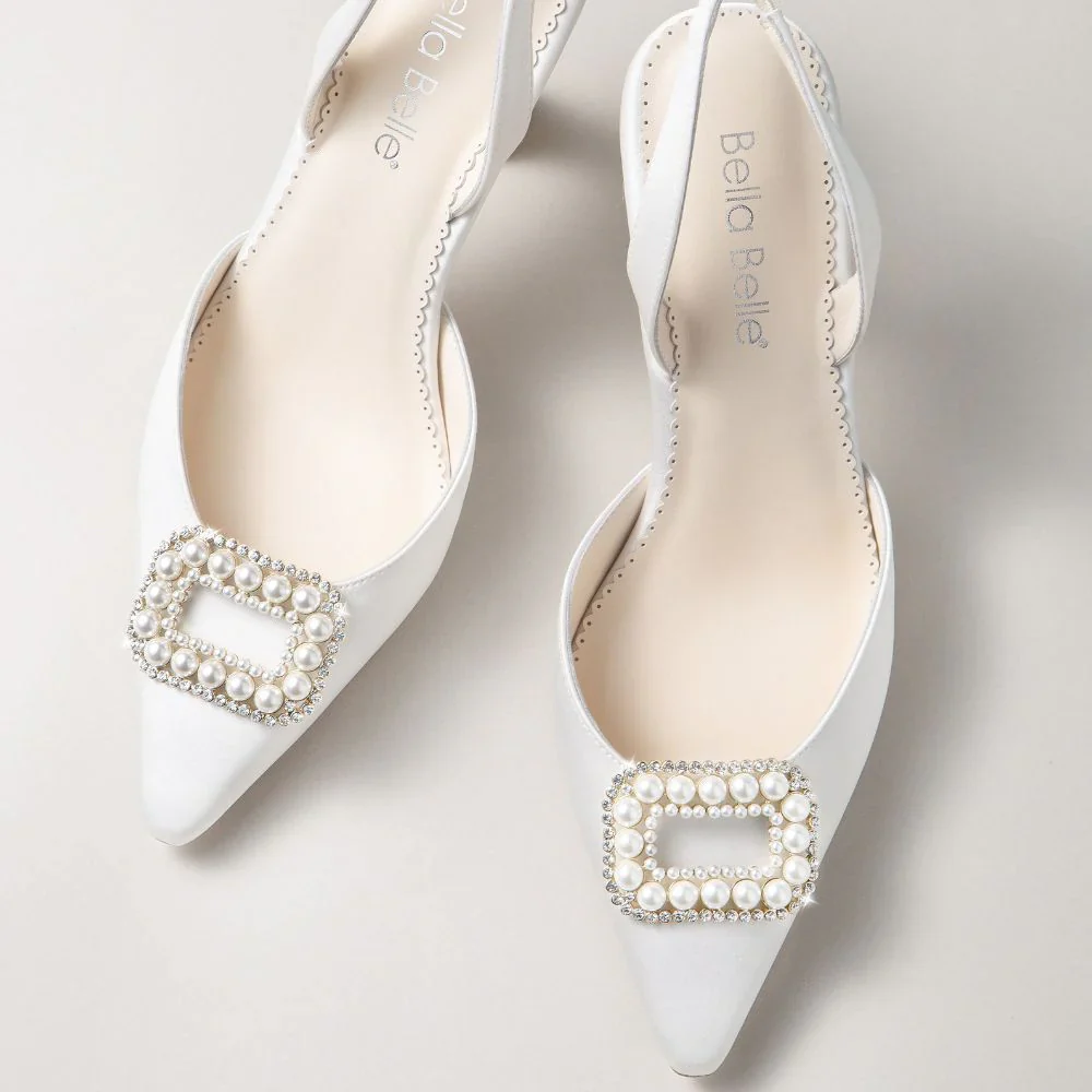 Bella Belle Andie Pearl Buckle Slingback Heels – Ivory Silk - Image 8