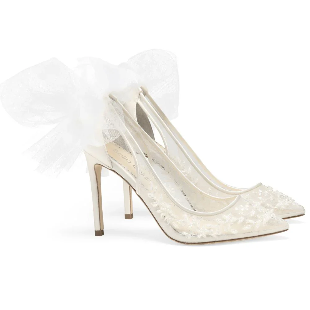 Bella Belle Edna Ivory Lace Heels with Removable Bows and Ankle Straps - Image 4