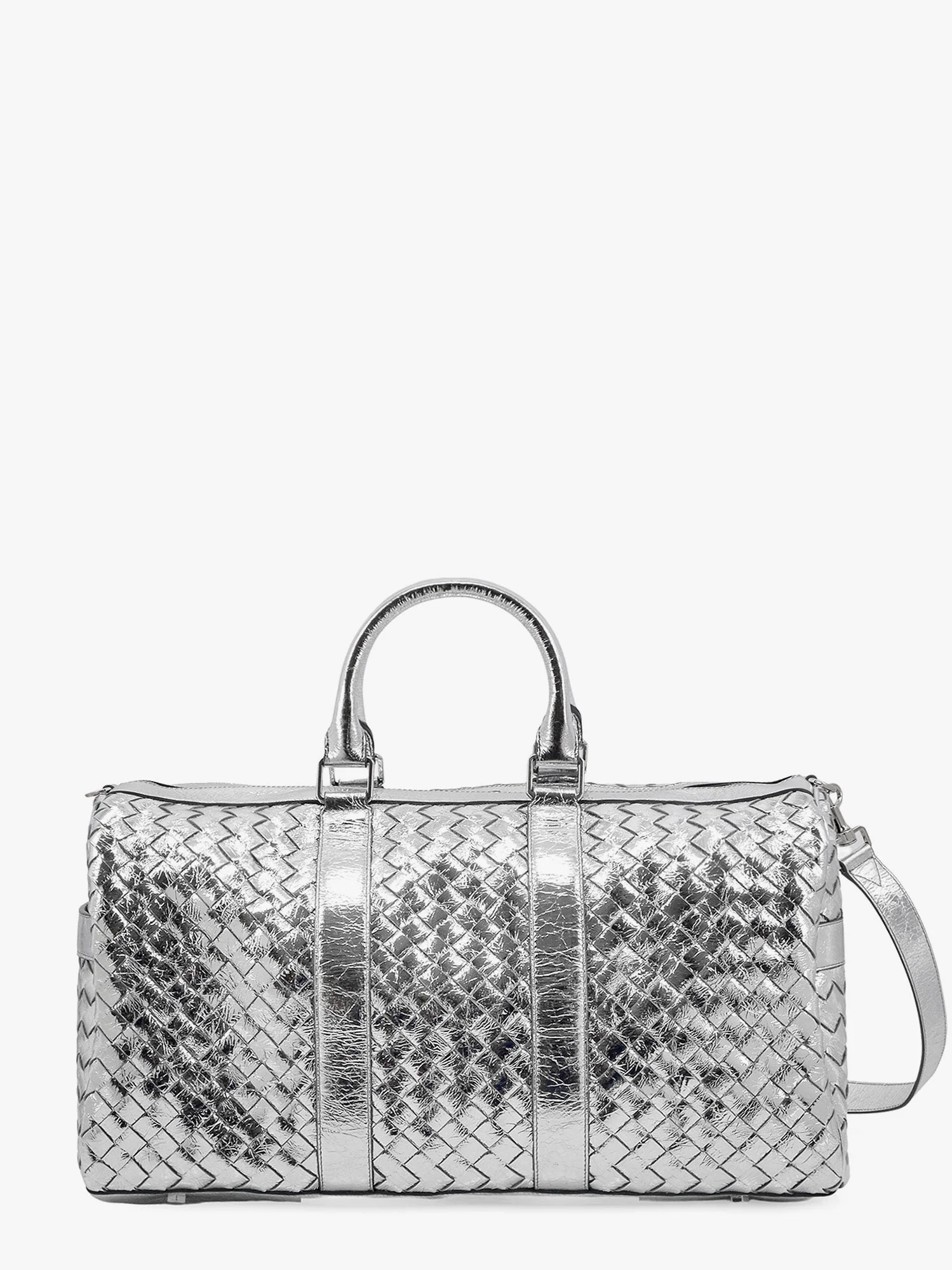 Bottega Veneta Silver Leather Duffle Bag With Intrecciato Motif - Image 2
