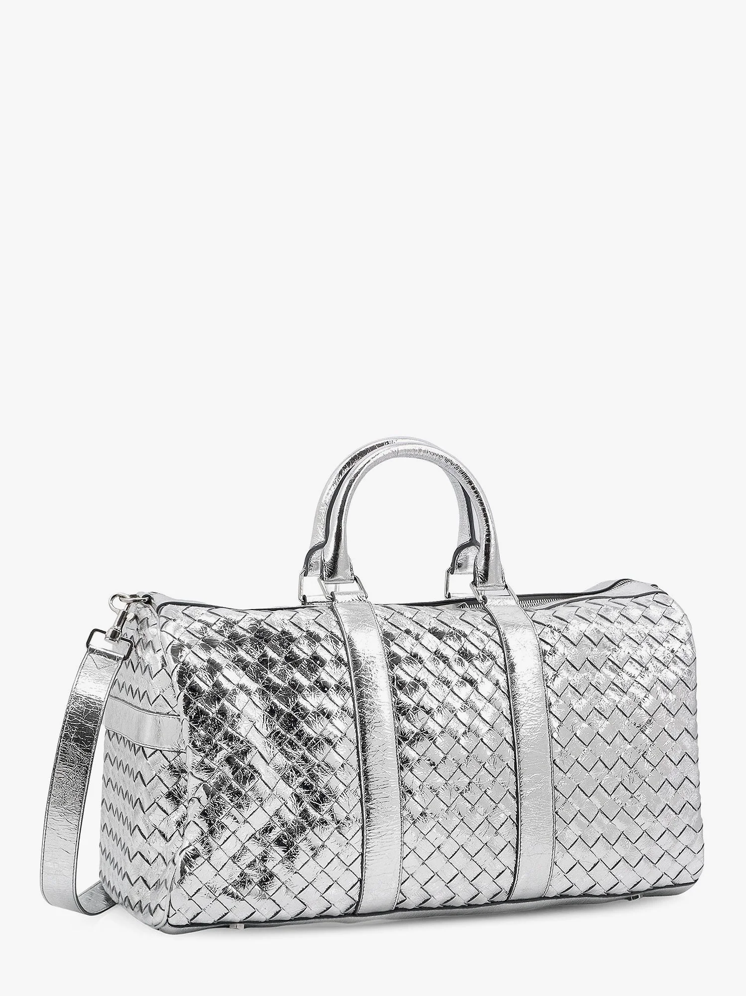 Bottega Veneta Silver Leather Duffle Bag With Intrecciato Motif - Image 3