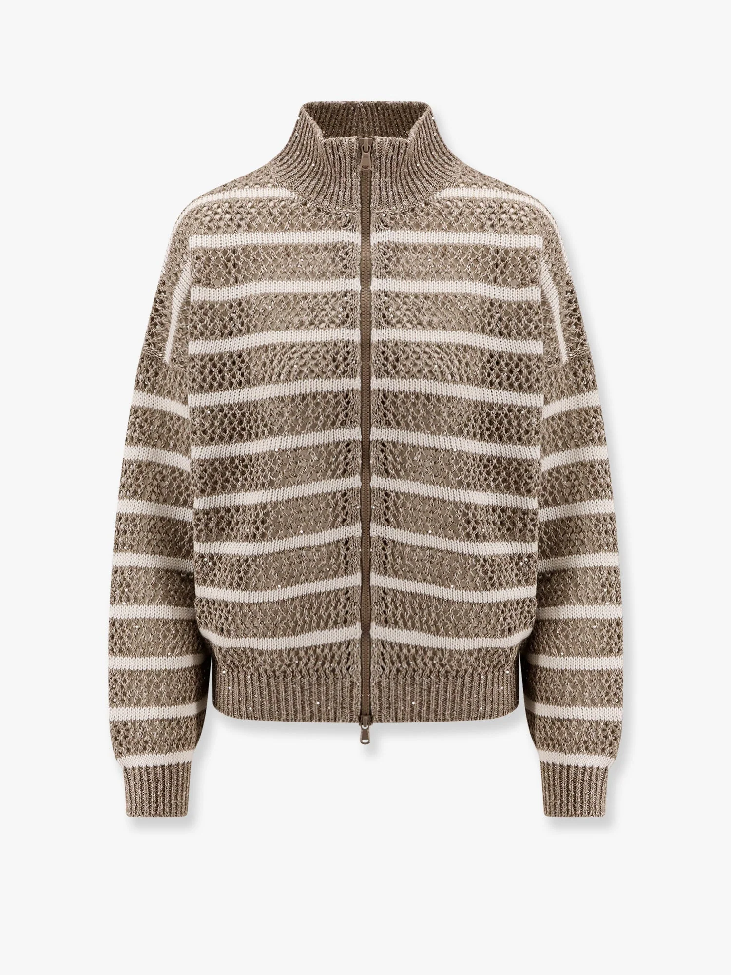 Brunello Cucinelli Dazzling Striped Net Linen Blend Cardigan With Sequins