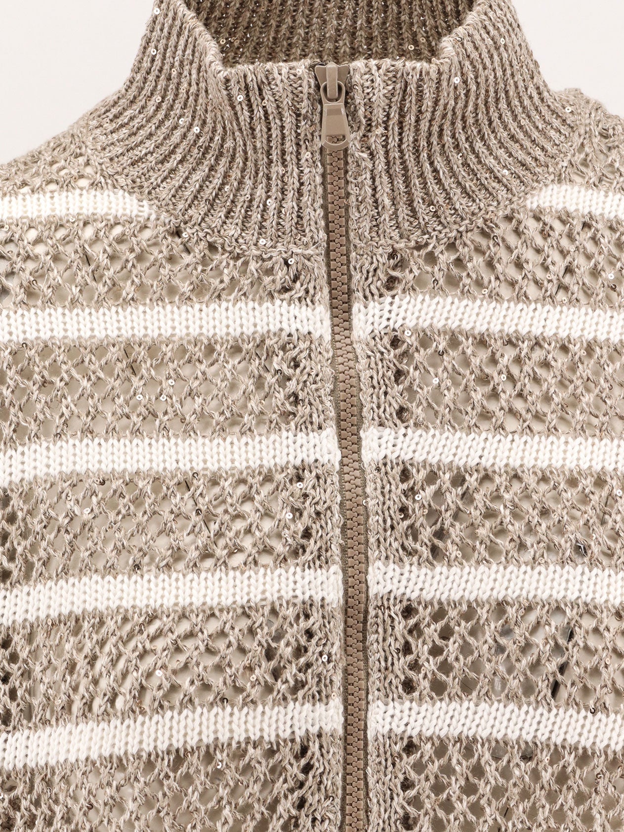 Brunello Cucinelli Dazzling Striped Net Linen Blend Cardigan With Sequins - Image 3