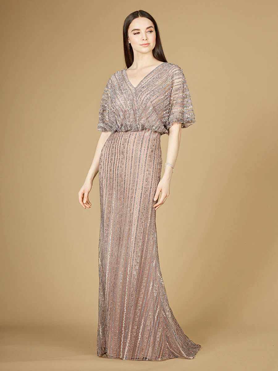 Cape Sleeve V-Neck Gown with Geometric Beading - Image 2