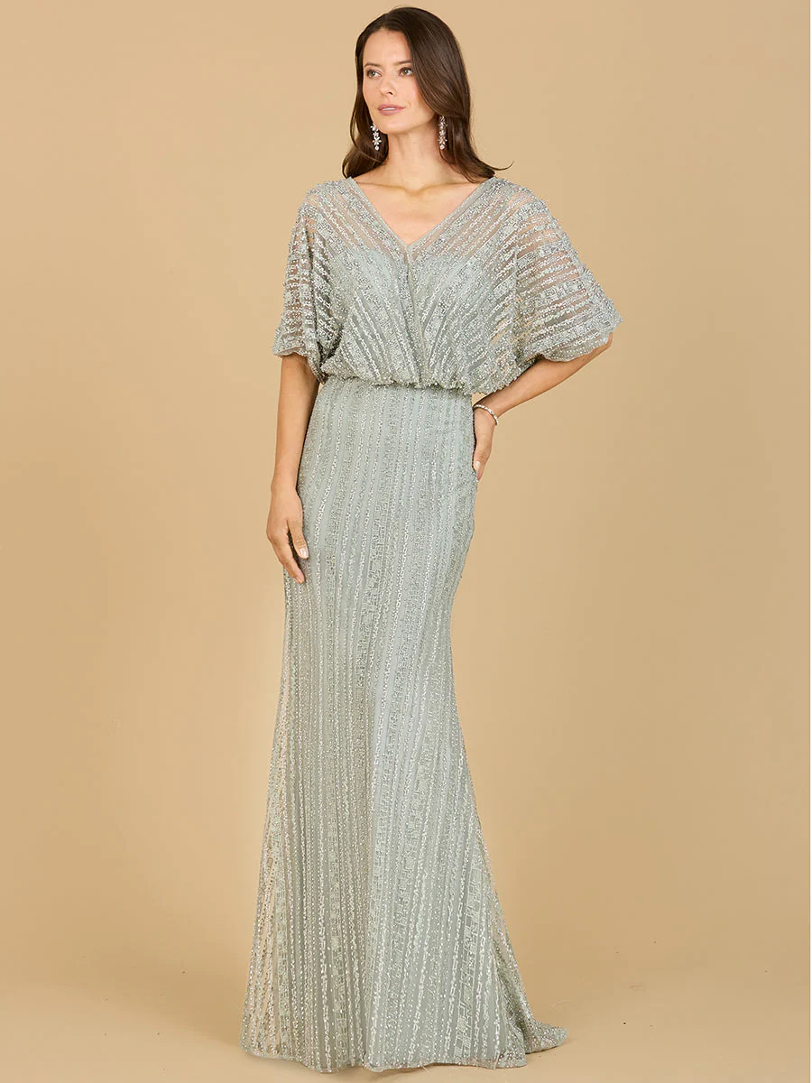 Cape Sleeve V-Neck Gown with Geometric Beading - Image 5