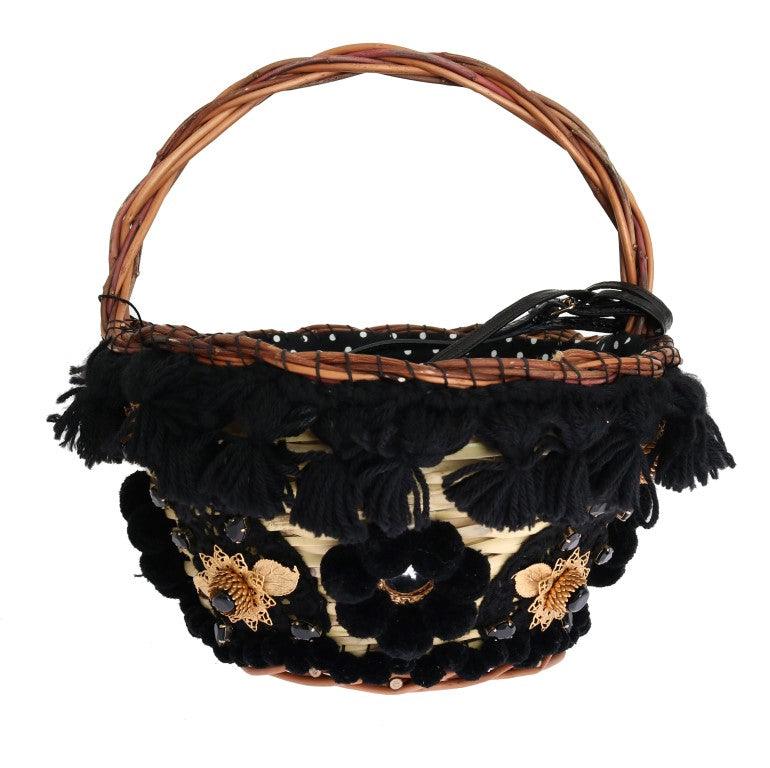 Dolce & Gabbana Beige Straw Snakeskin Pom Pom Crystal AGNESE Bag - Image 3