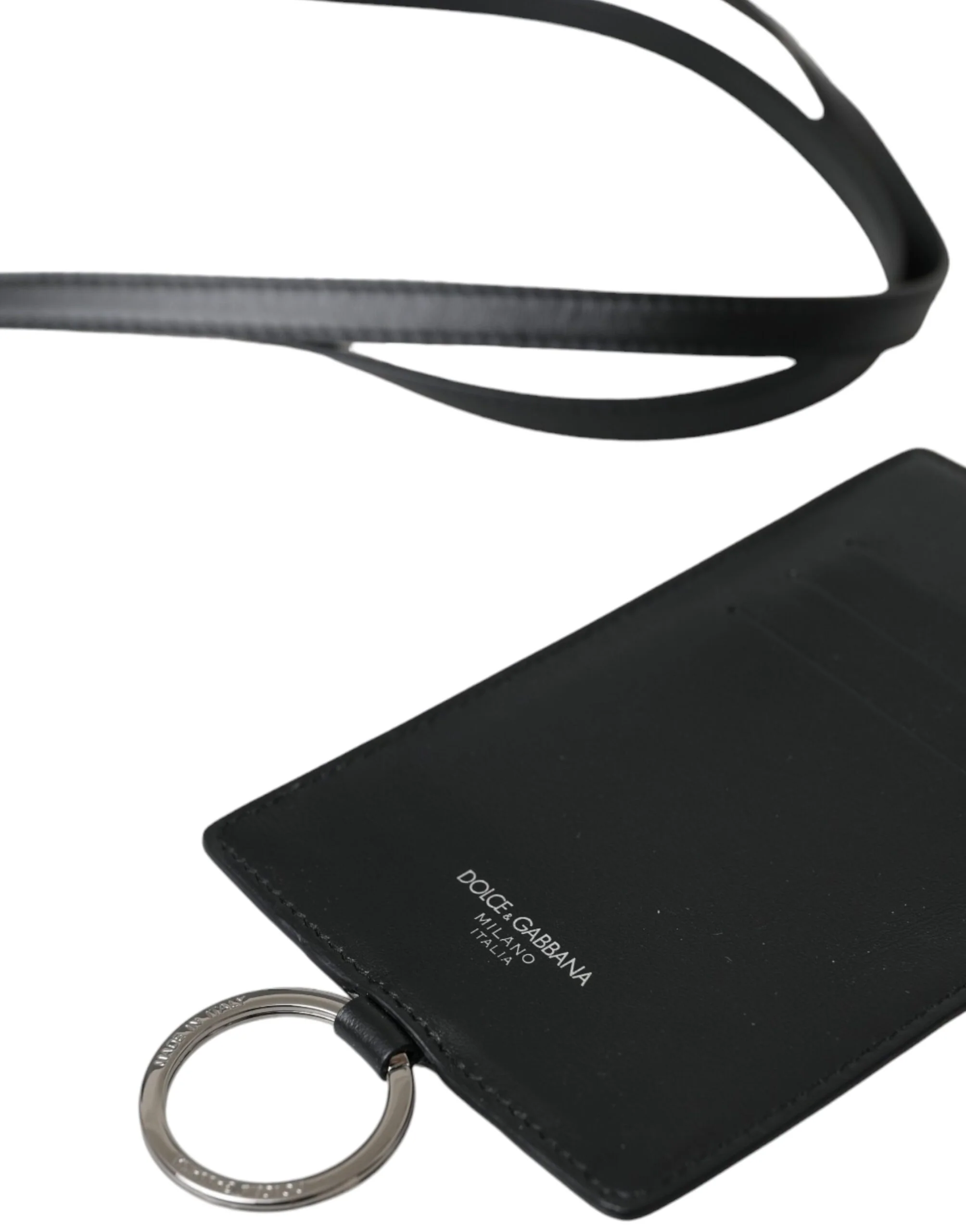 Dolce & Gabbana Black Calf Leather Lanyard Logo Card Holder Men Wallet - Image 4
