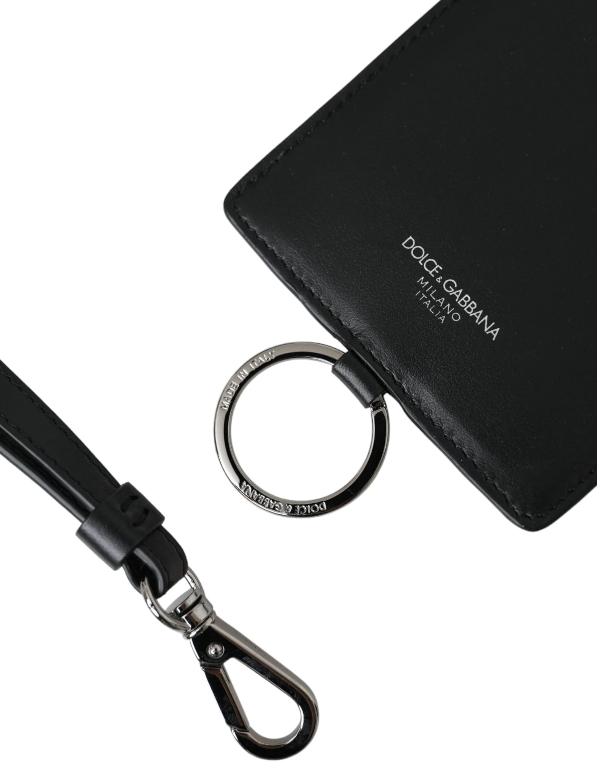 Dolce & Gabbana Black Calf Leather Lanyard Logo Card Holder Men Wallet - Image 6