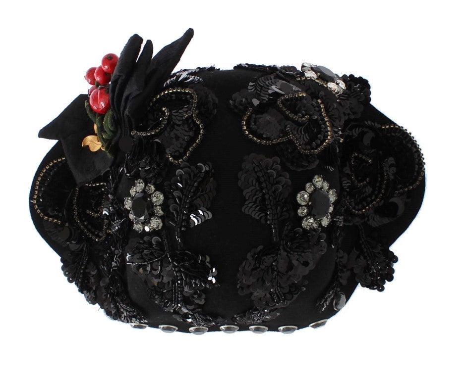 Dolce & Gabbana Black Crystal Gold Cherries Brooch Hat - Image 4