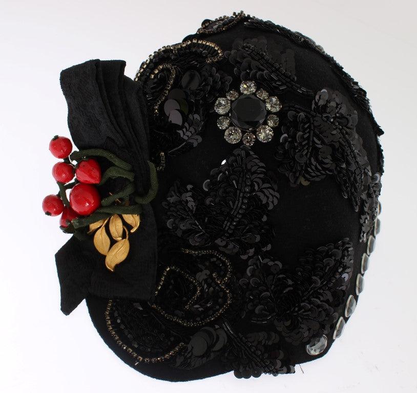 Dolce & Gabbana Black Crystal Gold Cherries Brooch Hat - Image 5