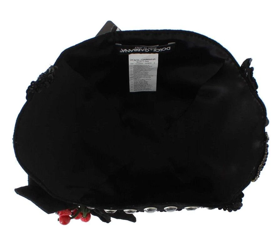 Dolce & Gabbana Black Crystal Gold Cherries Brooch Hat - Image 6