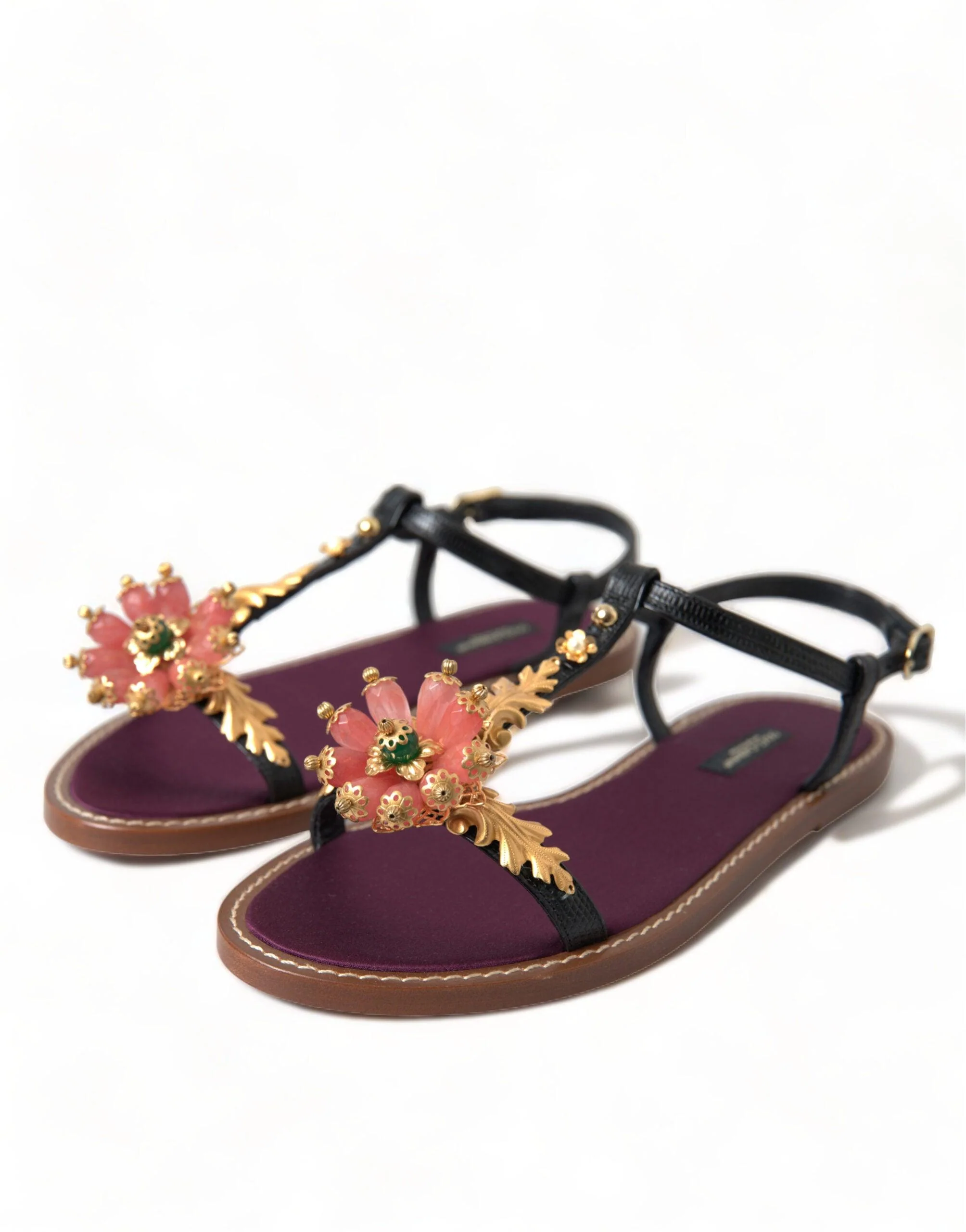 Dolce & Gabbana Black Crystal Gold Sandals Leather Shoes - Image 3