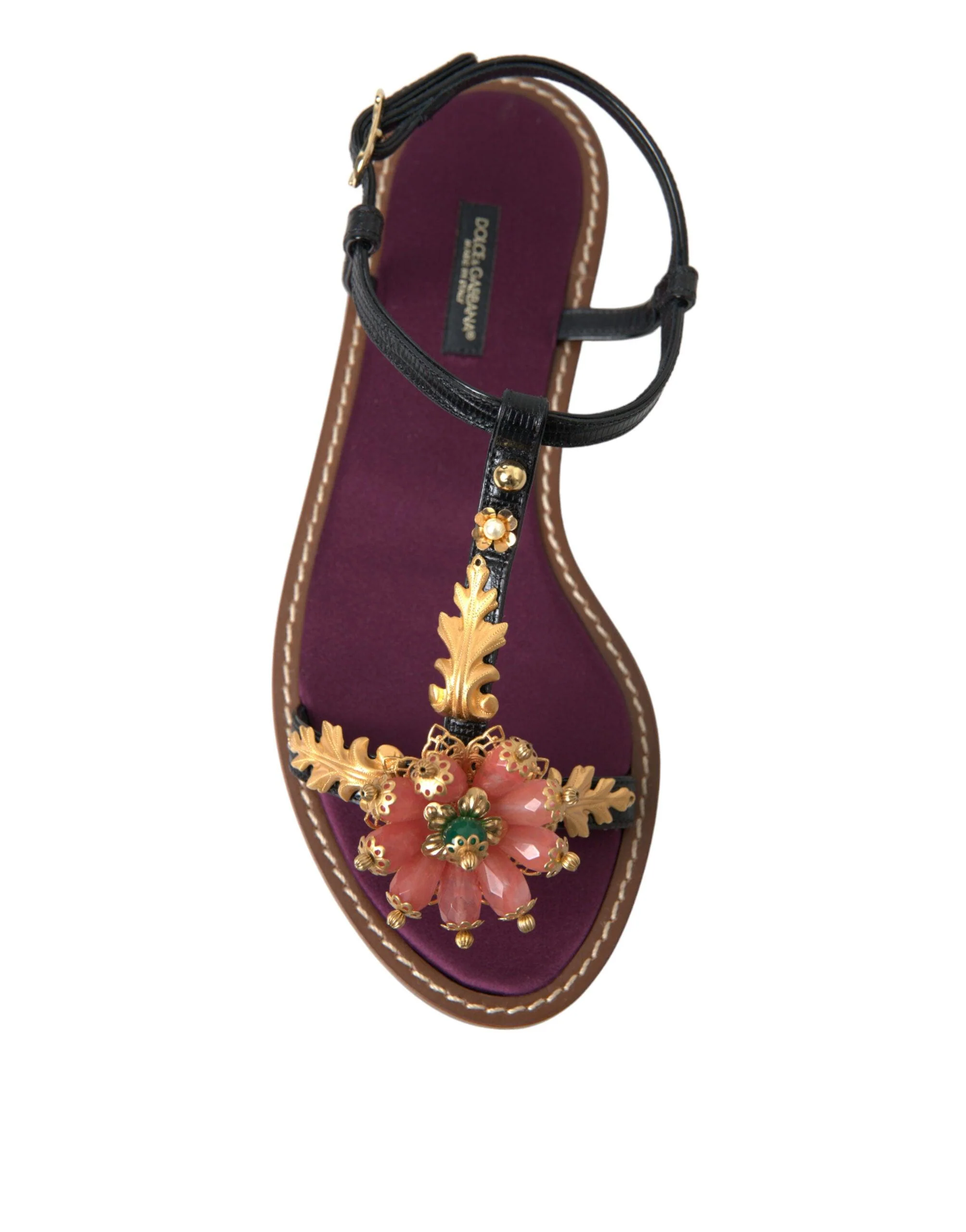 Dolce & Gabbana Black Crystal Gold Sandals Leather Shoes - Image 7