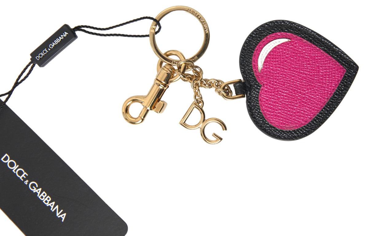 Dolce & Gabbana Black Fuchsia Heart Leather Gold Metal Keyring Keychain - Image 3