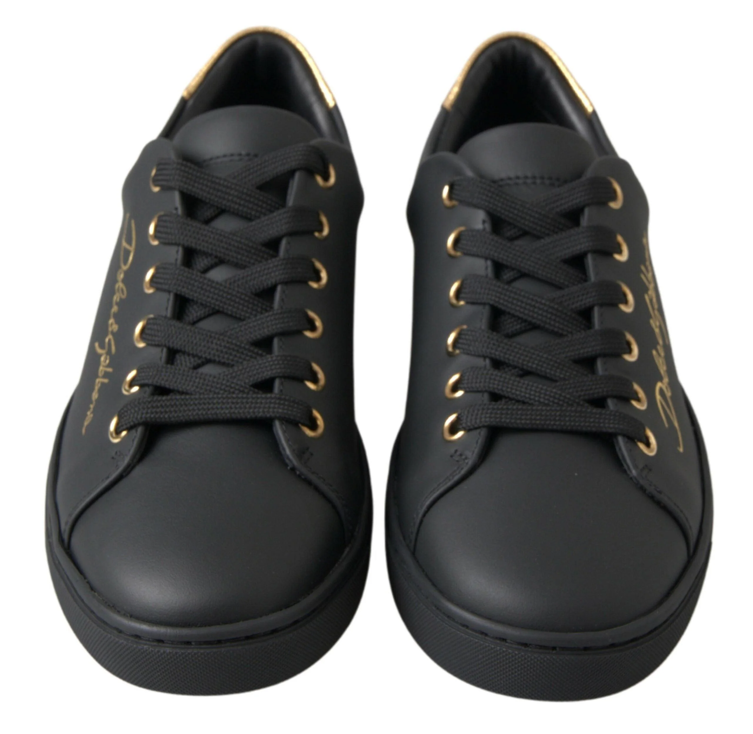 Dolce & Gabbana Black Gold Leather Classic Sneakers Shoes - Image 5