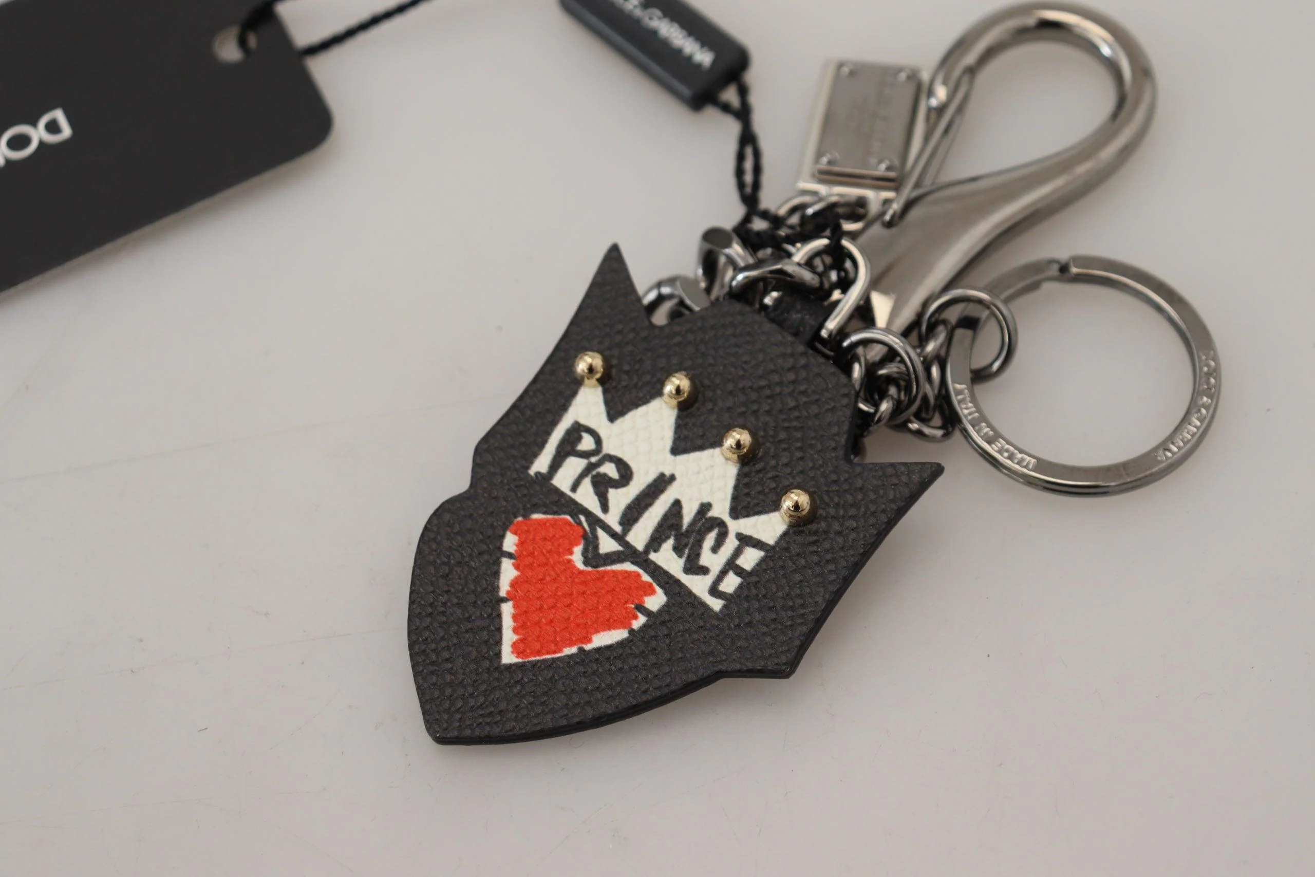 Dolce & Gabbana Black Prince Studs Logo Silver Brass Keychain - Image 5