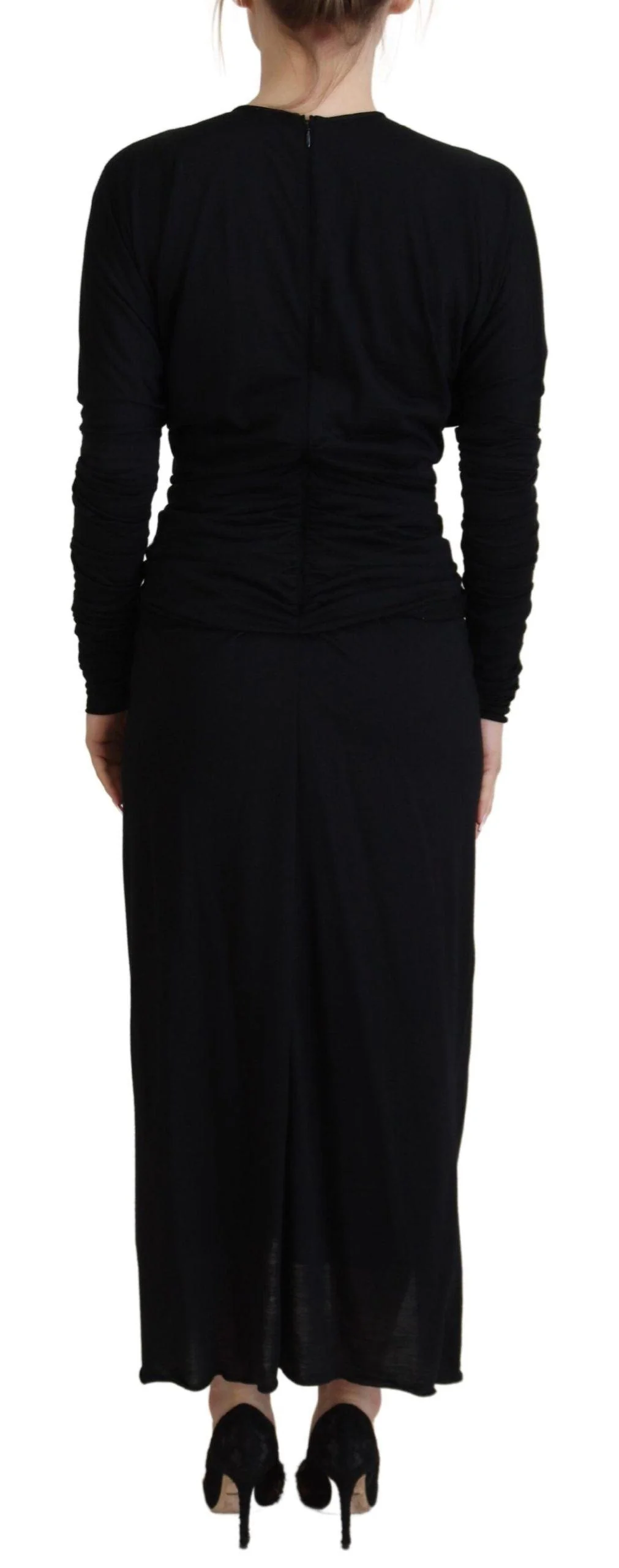 Dolce & Gabbana Black Sheath Midi Gown Wool Wrap Dress - Image 3