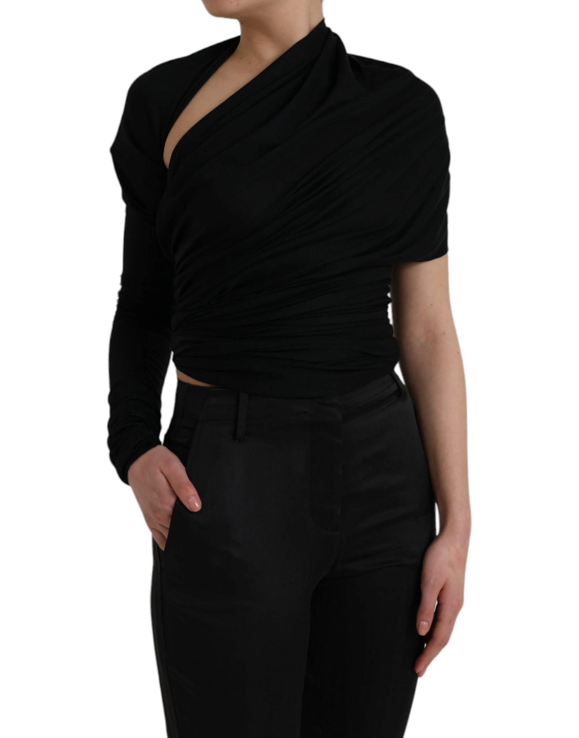 Dolce & Gabbana Black Wool Cutout Asymmetric Long Sleeve Top - Image 3
