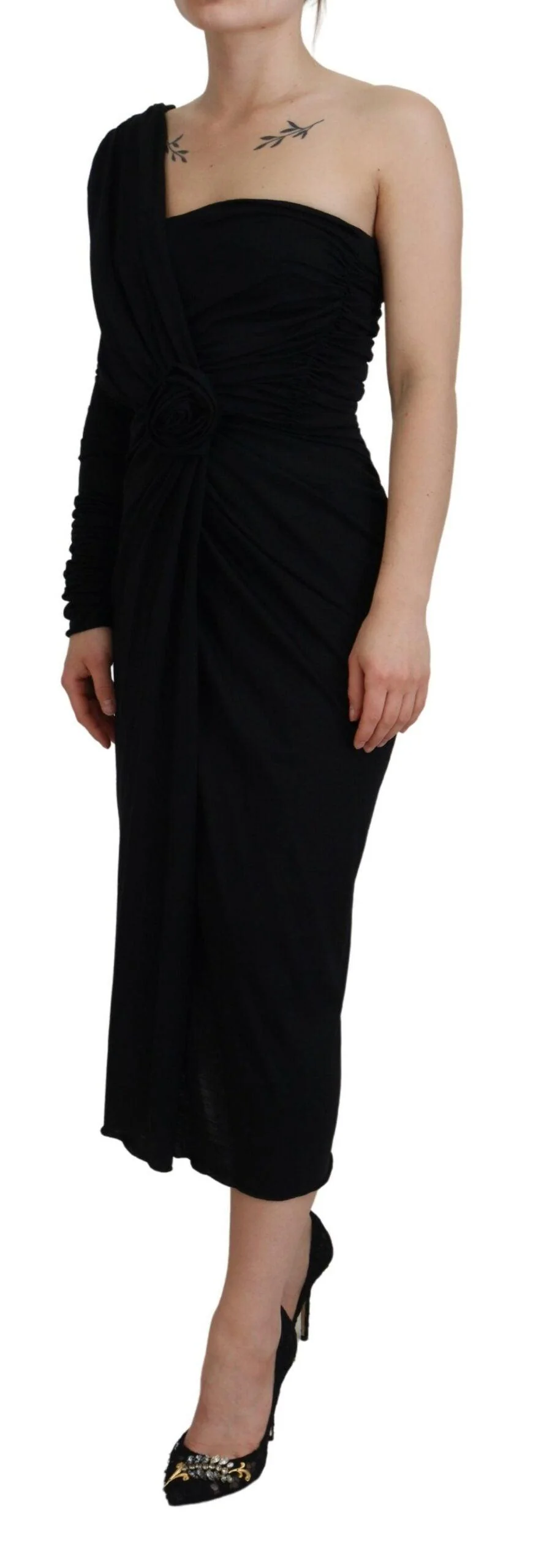Dolce & Gabbana Black Wrap Sheath One Shoulder Wool Dress - Image 2
