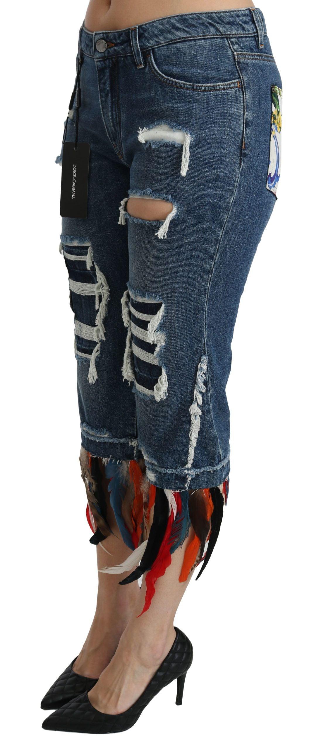 Dolce & Gabbana Blue Feathers Low Waist Cropped Cotton Jeans - Image 3