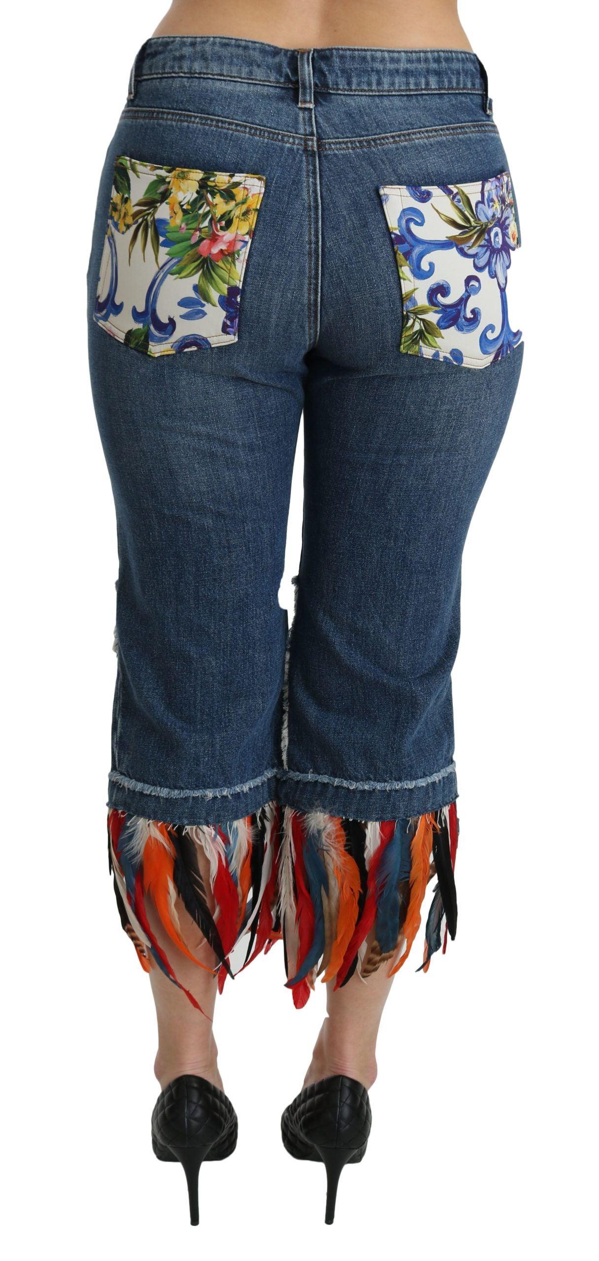 Dolce & Gabbana Blue Feathers Low Waist Cropped Cotton Jeans - Image 4