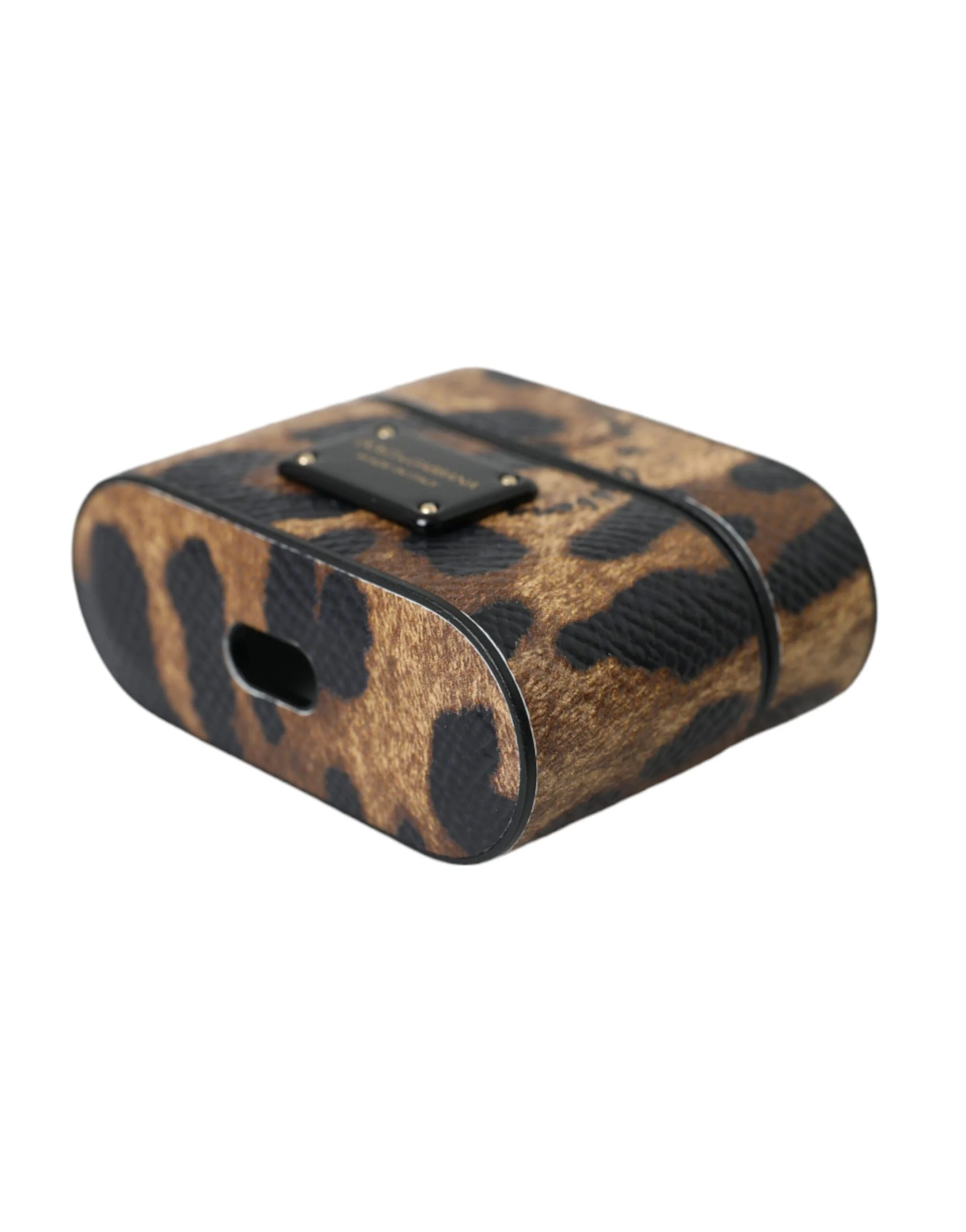 Dolce & Gabbana Brown Leopard Calf Leather Metal Logo Plaque Airpods Case - Image 5