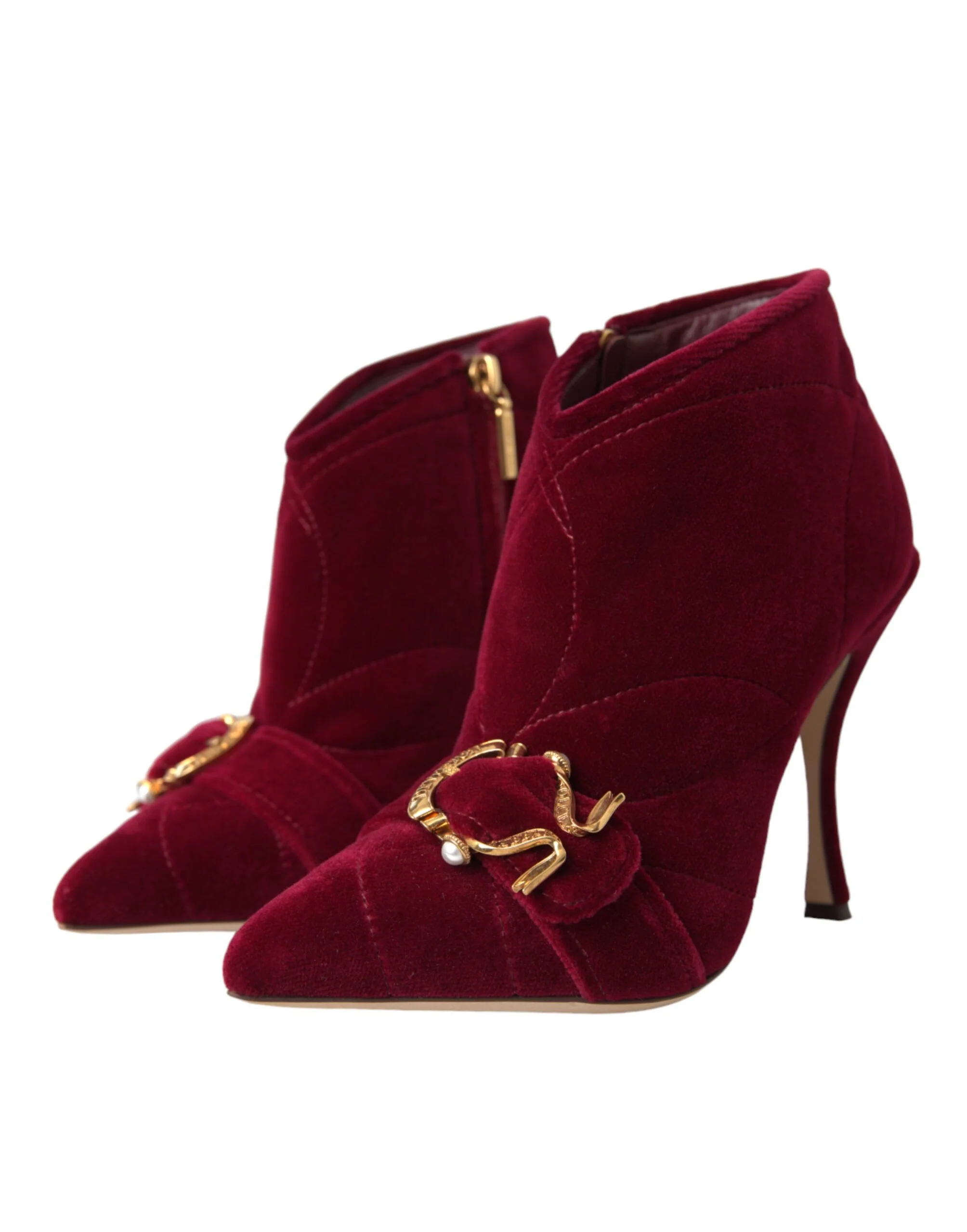 Dolce & Gabbana Dark Red Velvet Devotion Buckle Boots Shoes - Image 3