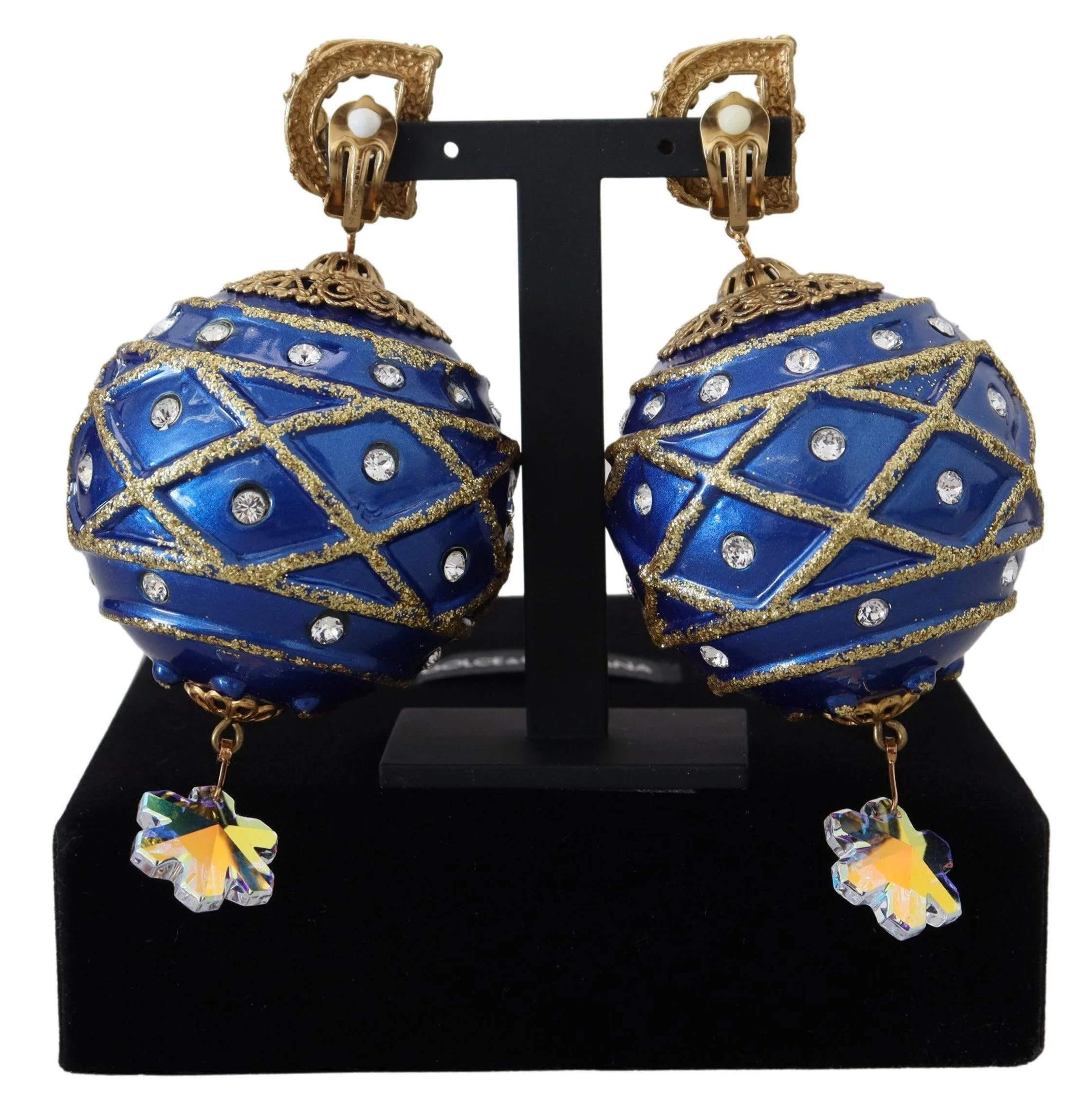Dolce & Gabbana Gold Brass Blue Dangle Ball Crystal Clip On Earrings - Image 3