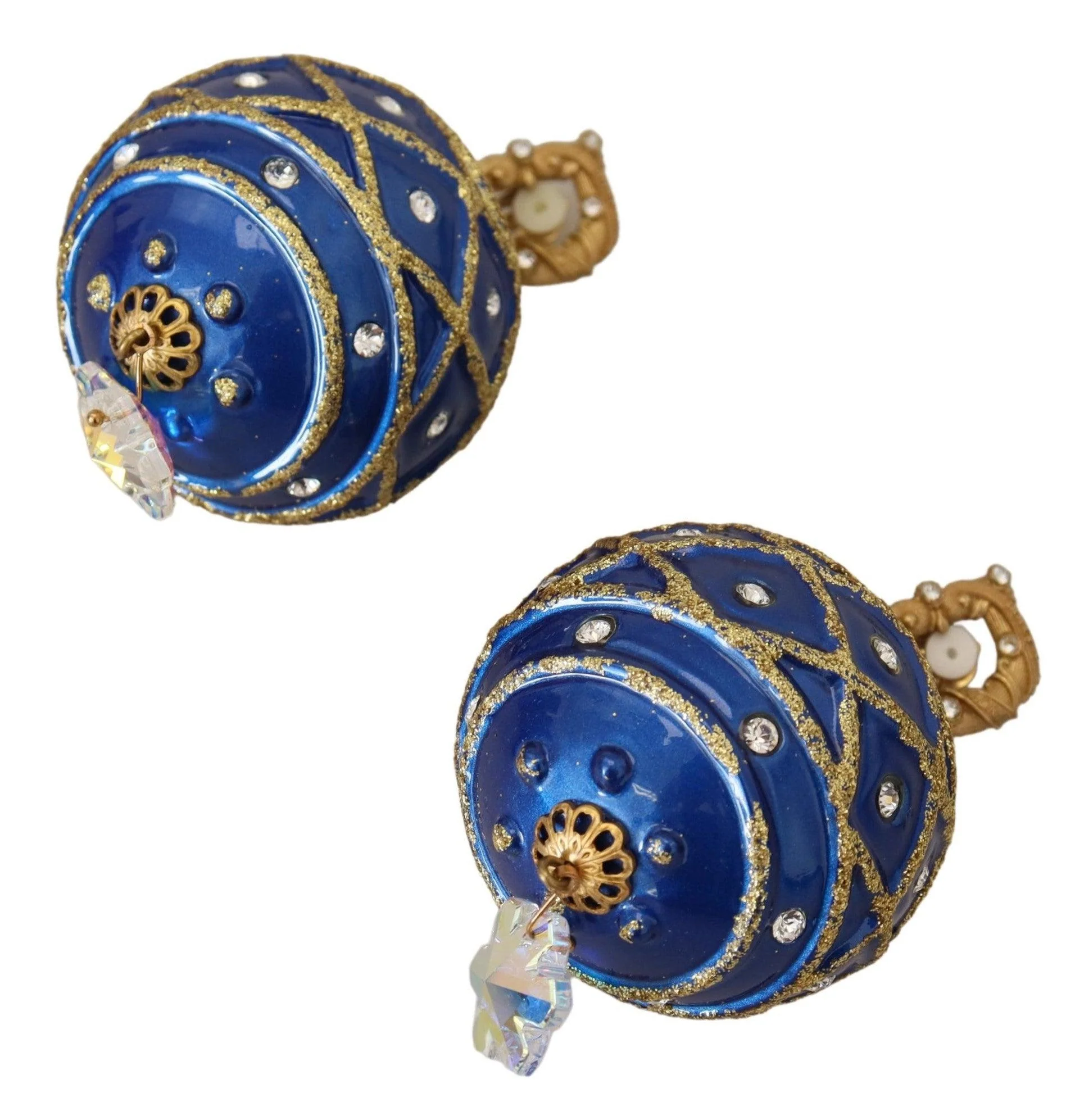 Dolce & Gabbana Gold Brass Blue Dangle Ball Crystal Clip On Earrings - Image 4