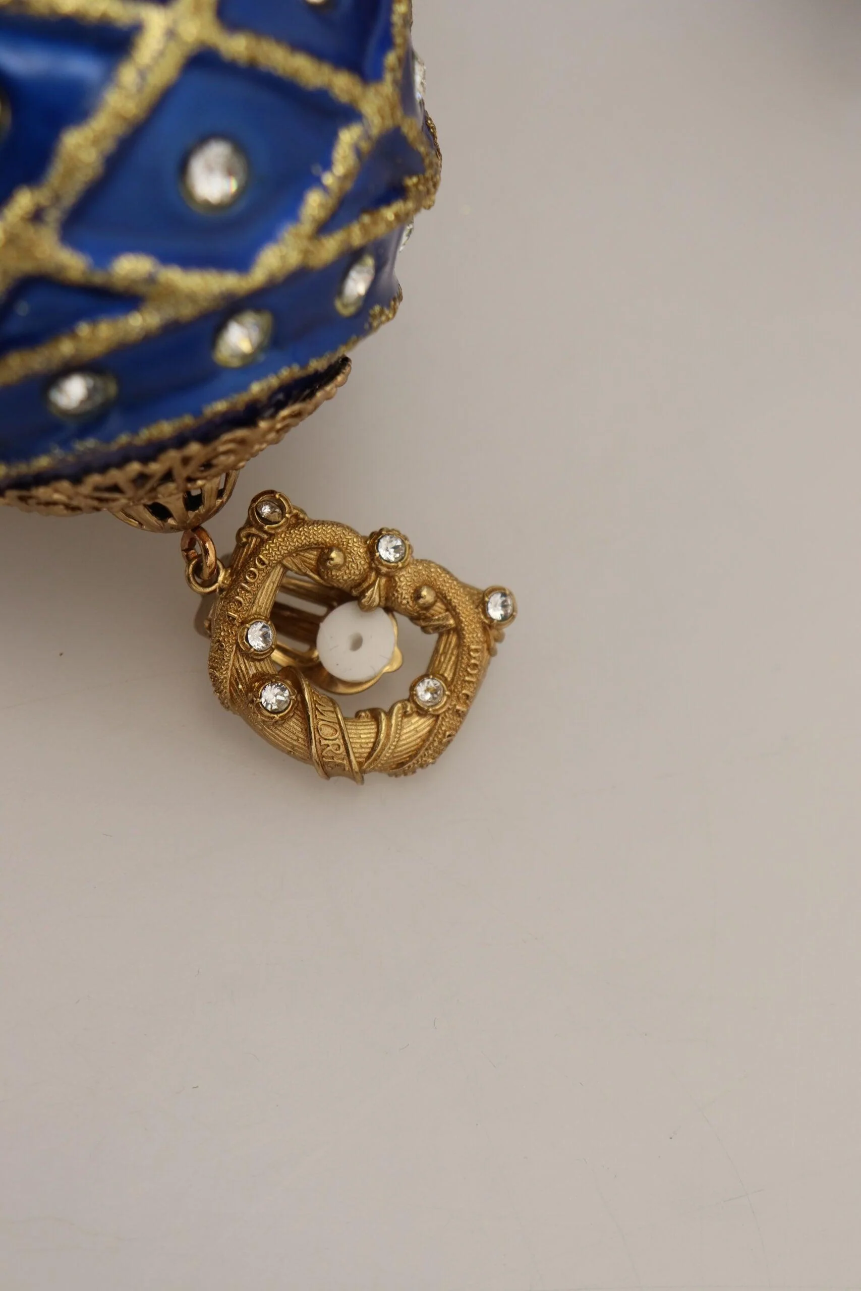 Dolce & Gabbana Gold Brass Blue Dangle Ball Crystal Clip On Earrings - Image 6