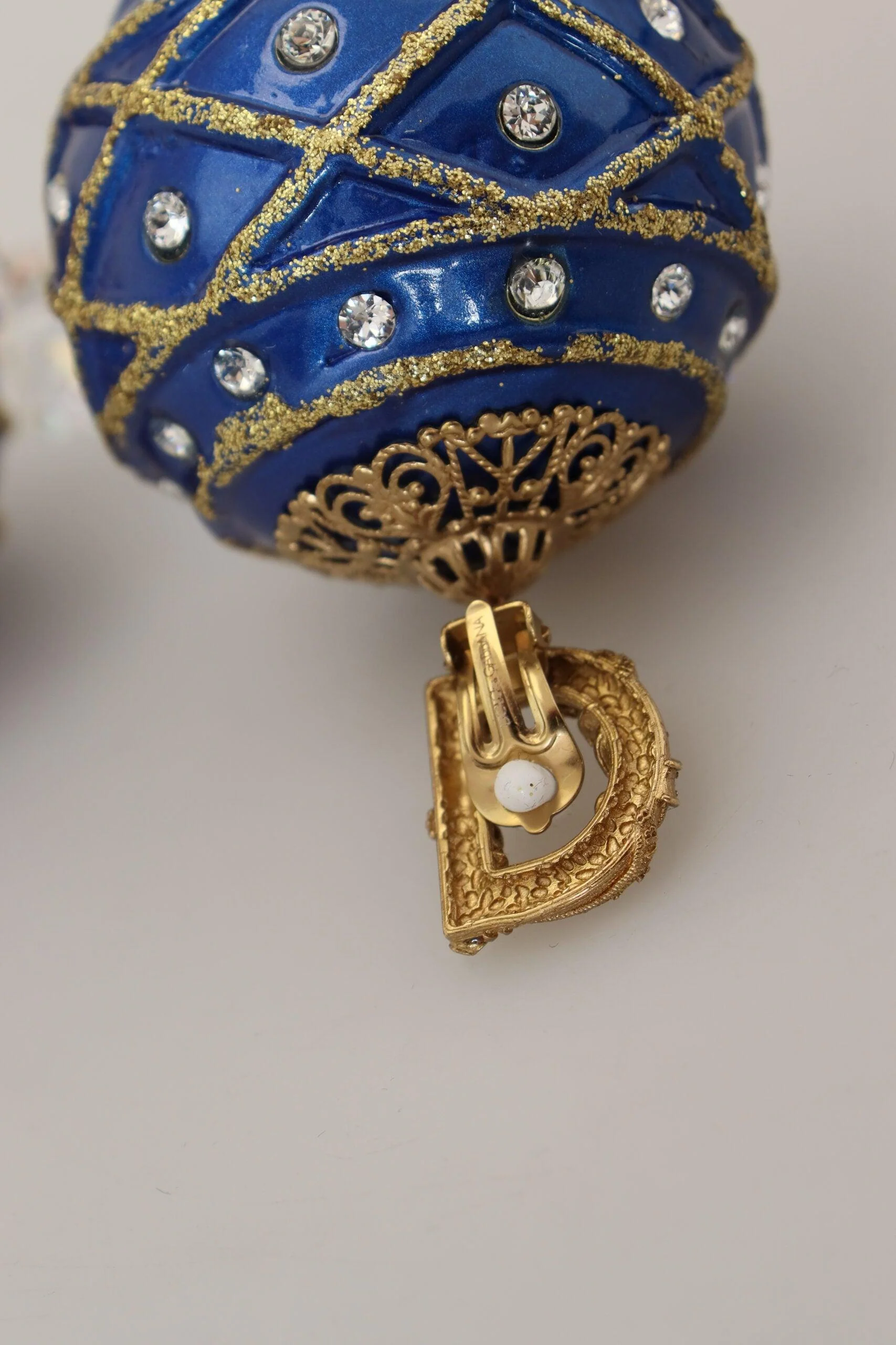 Dolce & Gabbana Gold Brass Blue Dangle Ball Crystal Clip On Earrings - Image 7