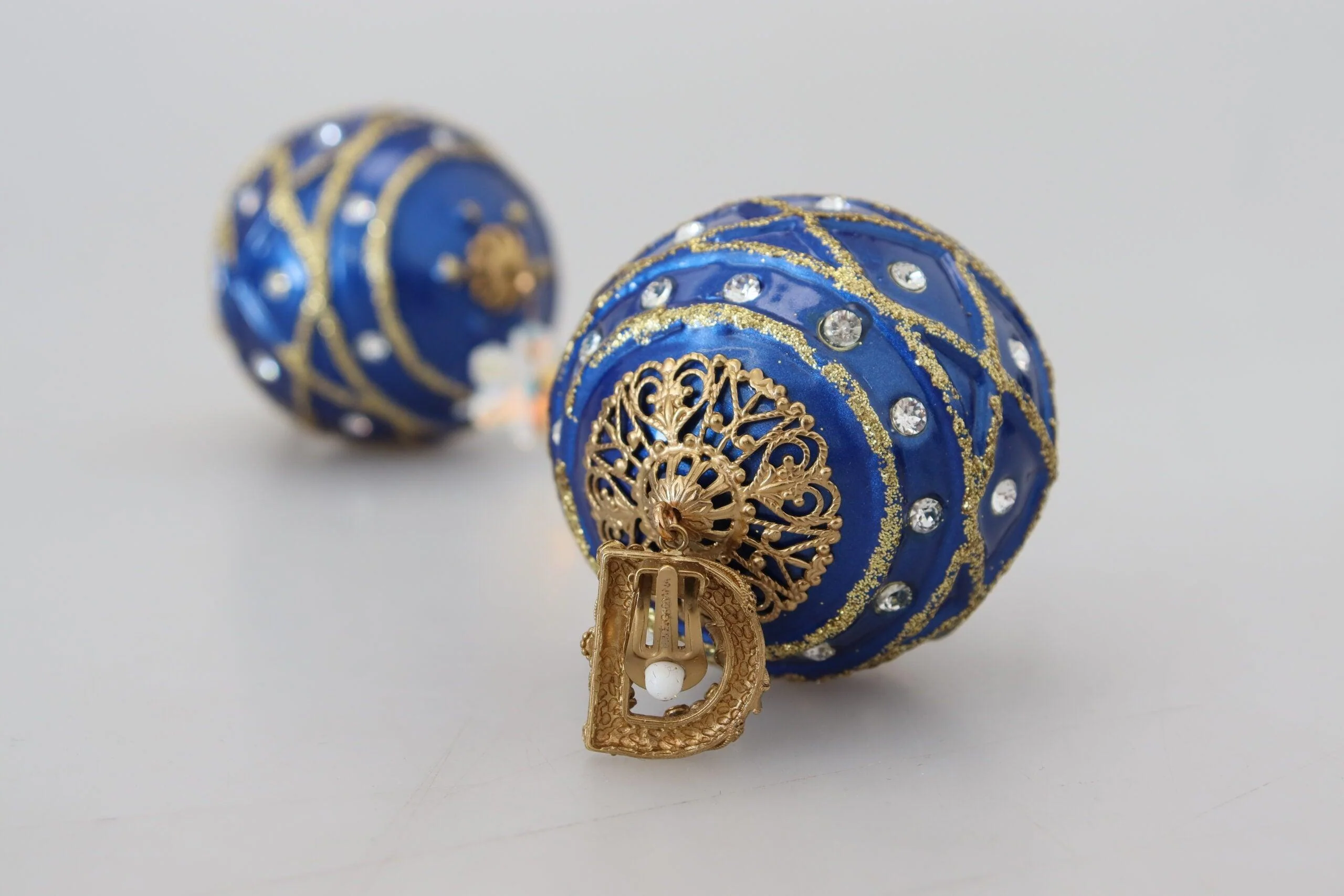 Dolce & Gabbana Gold Brass Blue Dangle Ball Crystal Clip On Earrings - Image 8