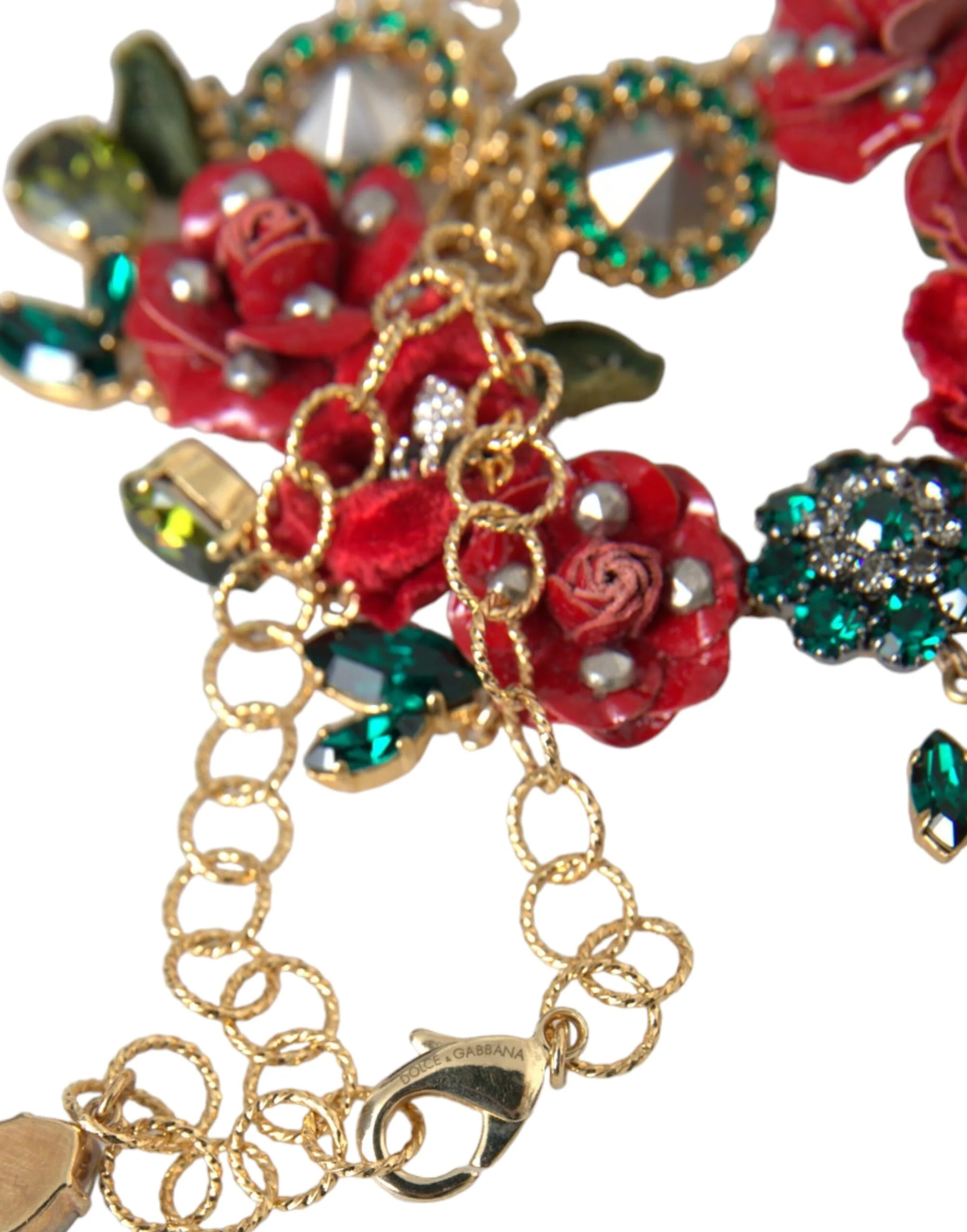 Dolce & Gabbana Gold Brass Link Chain RosePetal Crystal Pendant Necklace - Image 7