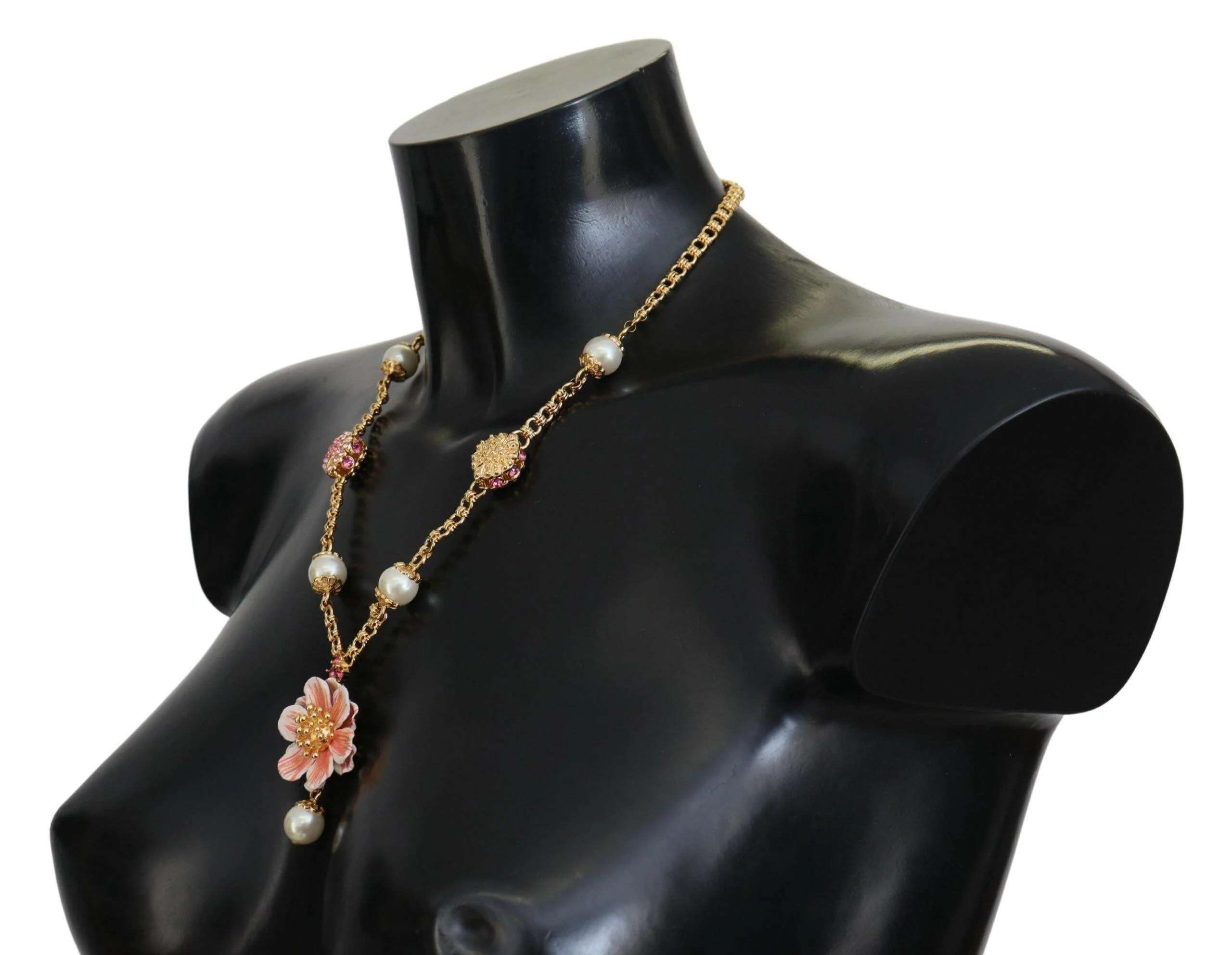 Dolce & Gabbana Gold Tone Floral Crystals Pink Embellished Necklace - Image 3