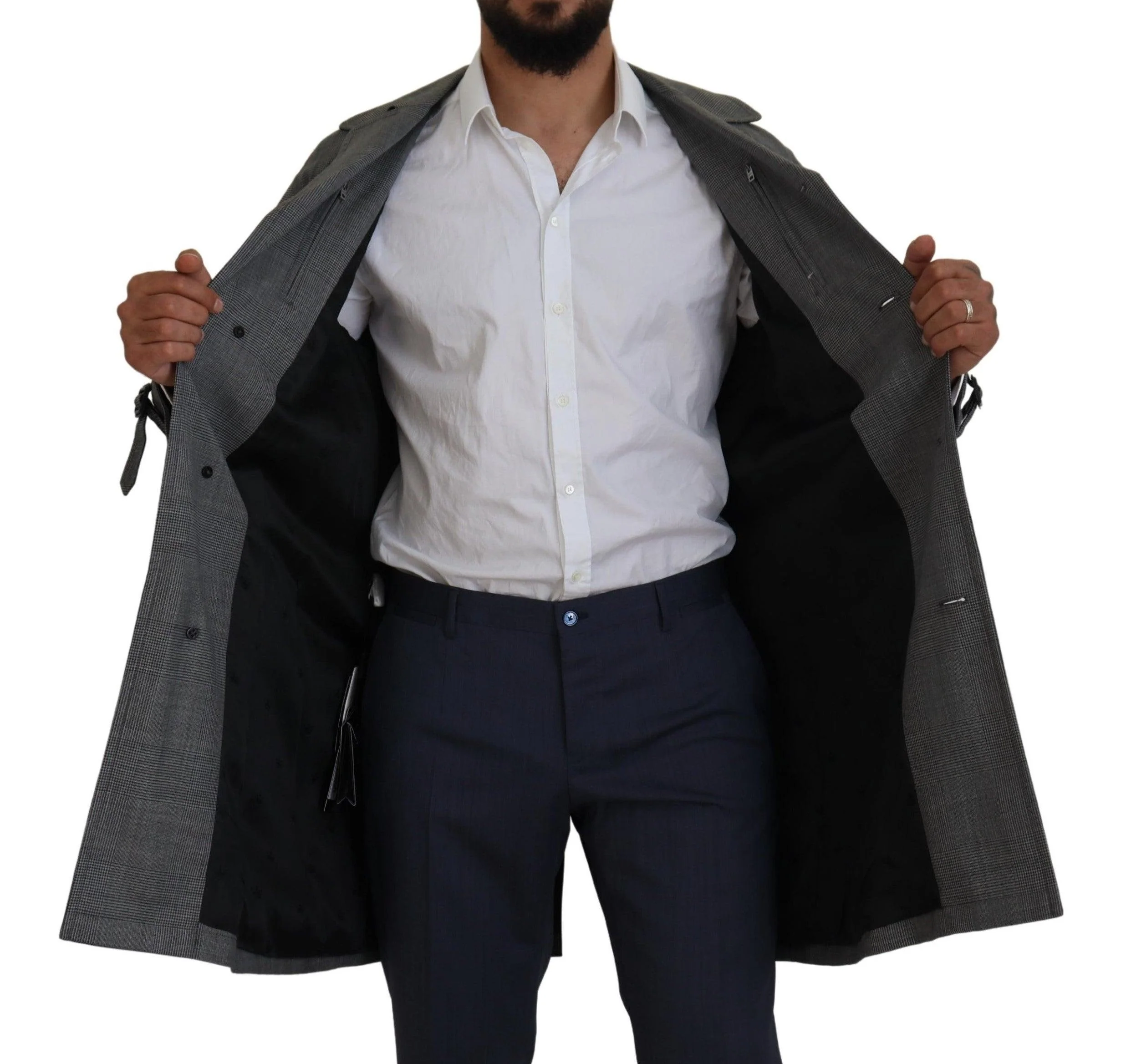 Dolce & Gabbana Gray Wool Plaid Long Trench Coat Jacket Trench Coat Jacket - Image 5