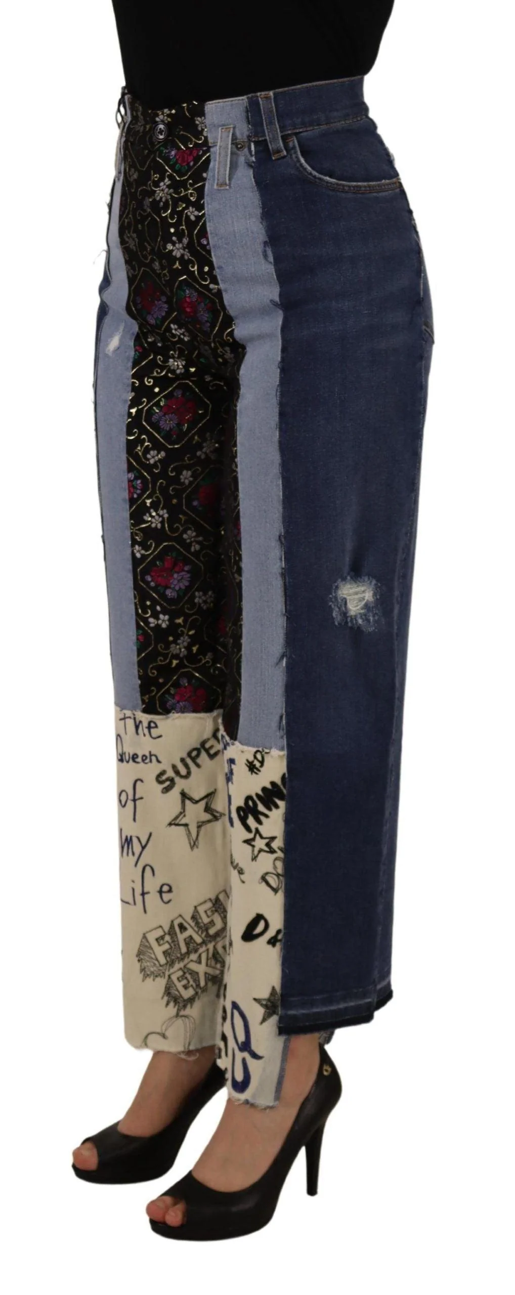 Dolce & Gabbana Multicolor Patchwork DG Fashion Wide Leg Denim Pant - Image 3