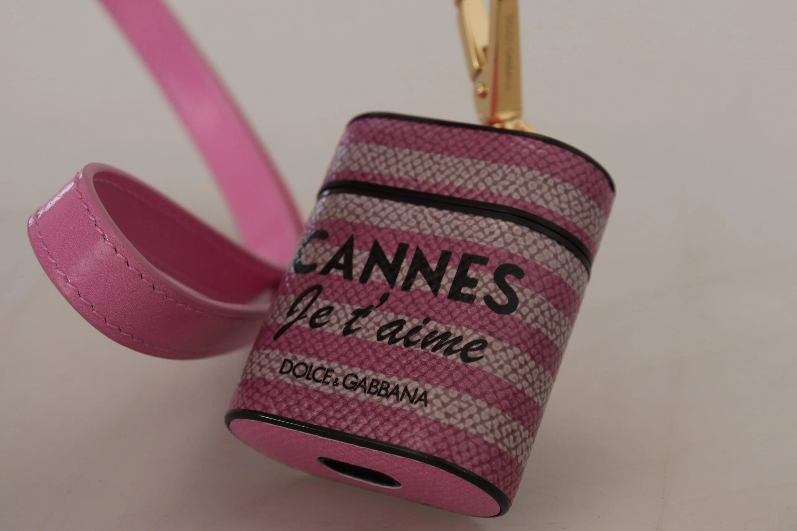 Dolce & Gabbana Pink Black Leather Strap Gold Metal Logo Airpods Case - Image 4
