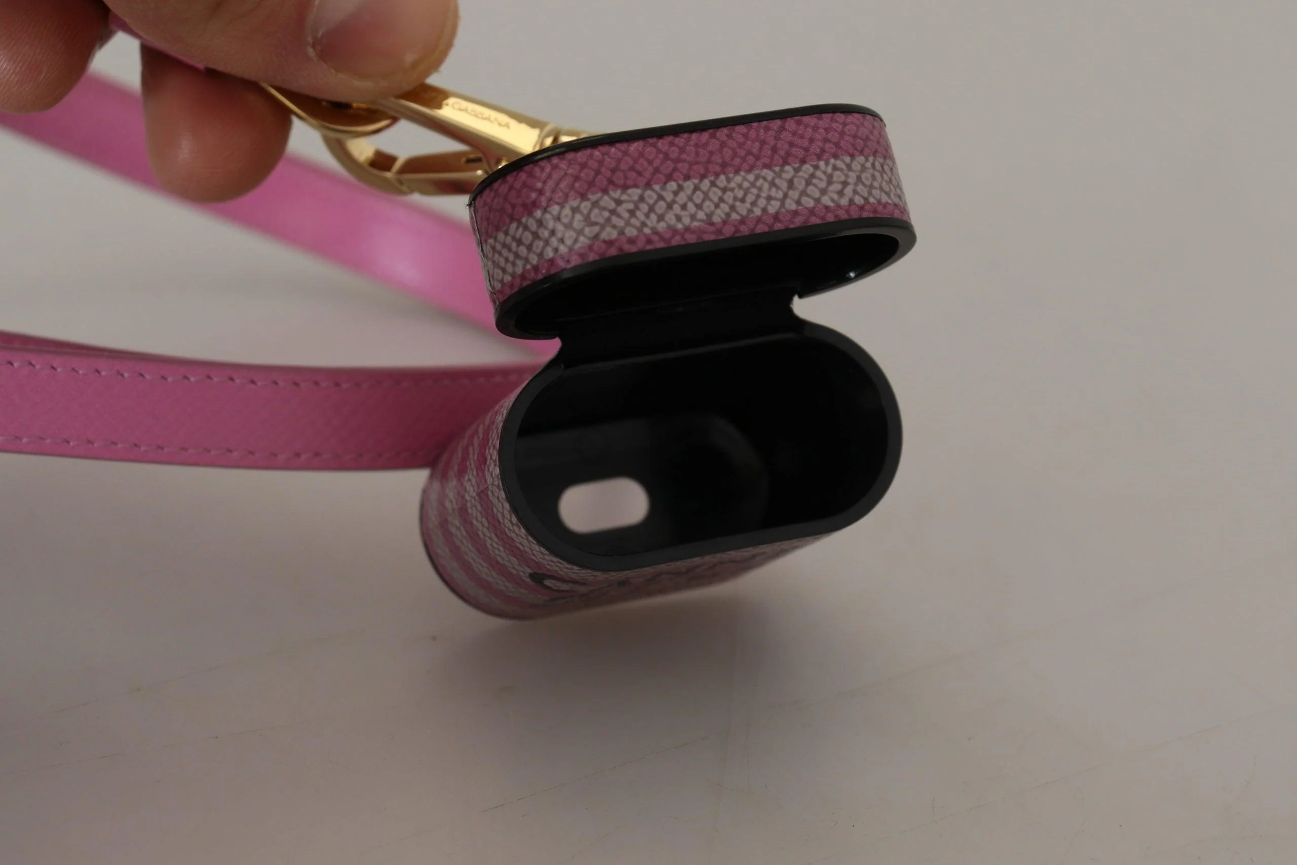Dolce & Gabbana Pink Black Leather Strap Gold Metal Logo Airpods Case - Image 5