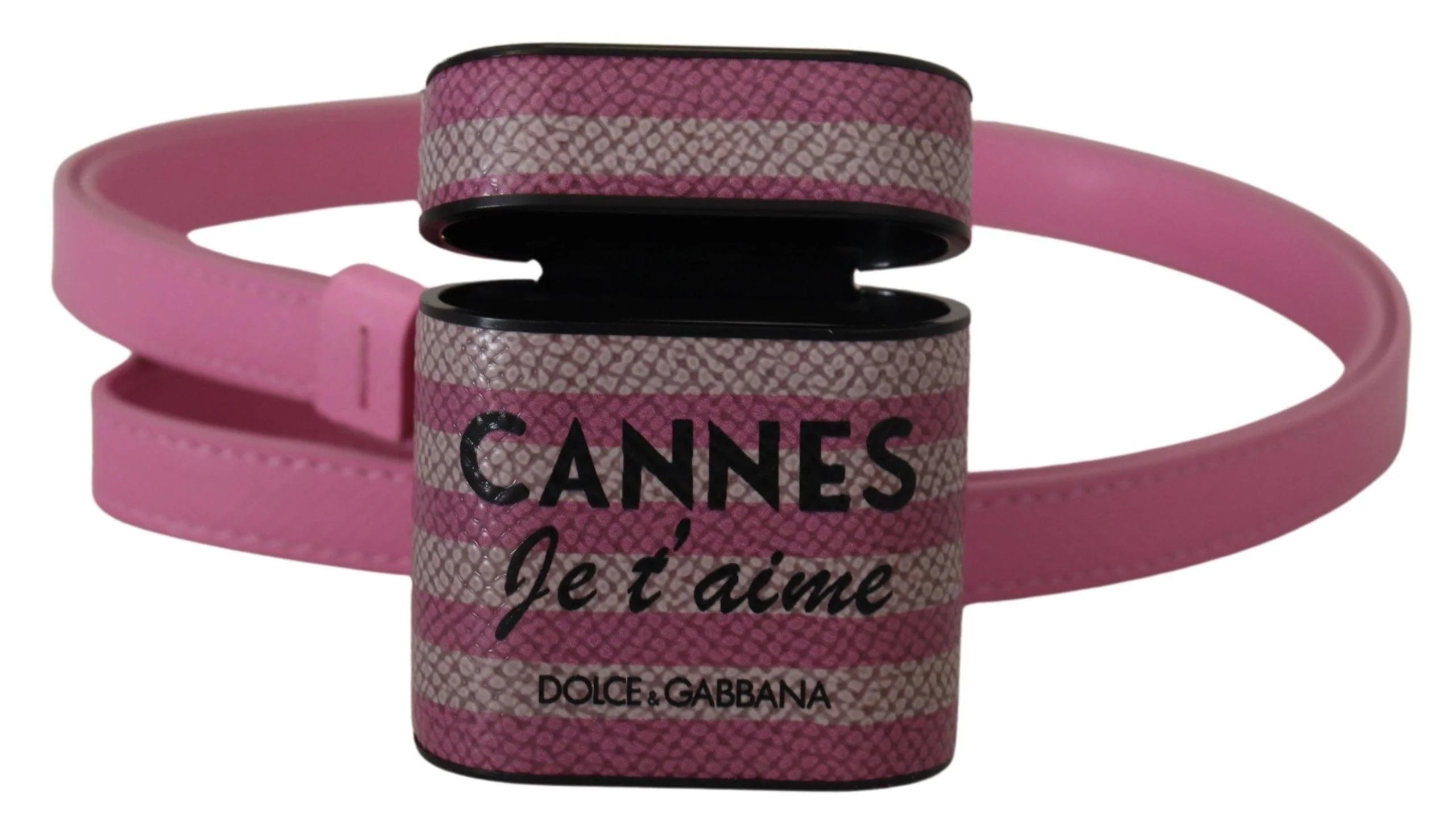Dolce & Gabbana Pink Black Leather Strap Gold Metal Logo Airpods Case - Image 6
