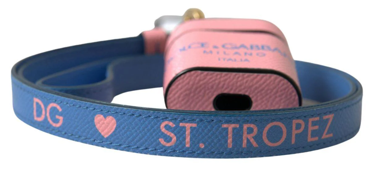Dolce & Gabbana Pink Blue Calf Leather Logo Print Strap Airpods Case - Image 4