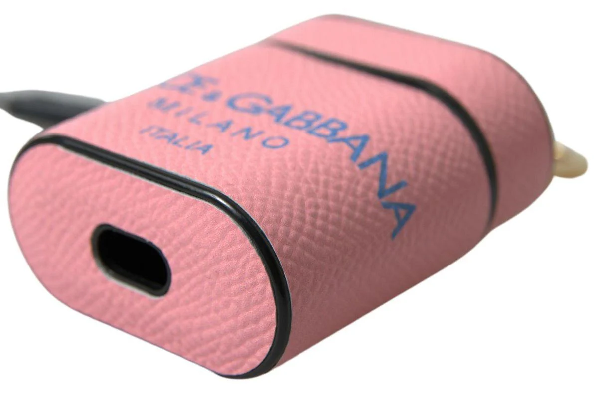 Dolce & Gabbana Pink Blue Calf Leather Logo Print Strap Airpods Case - Image 6
