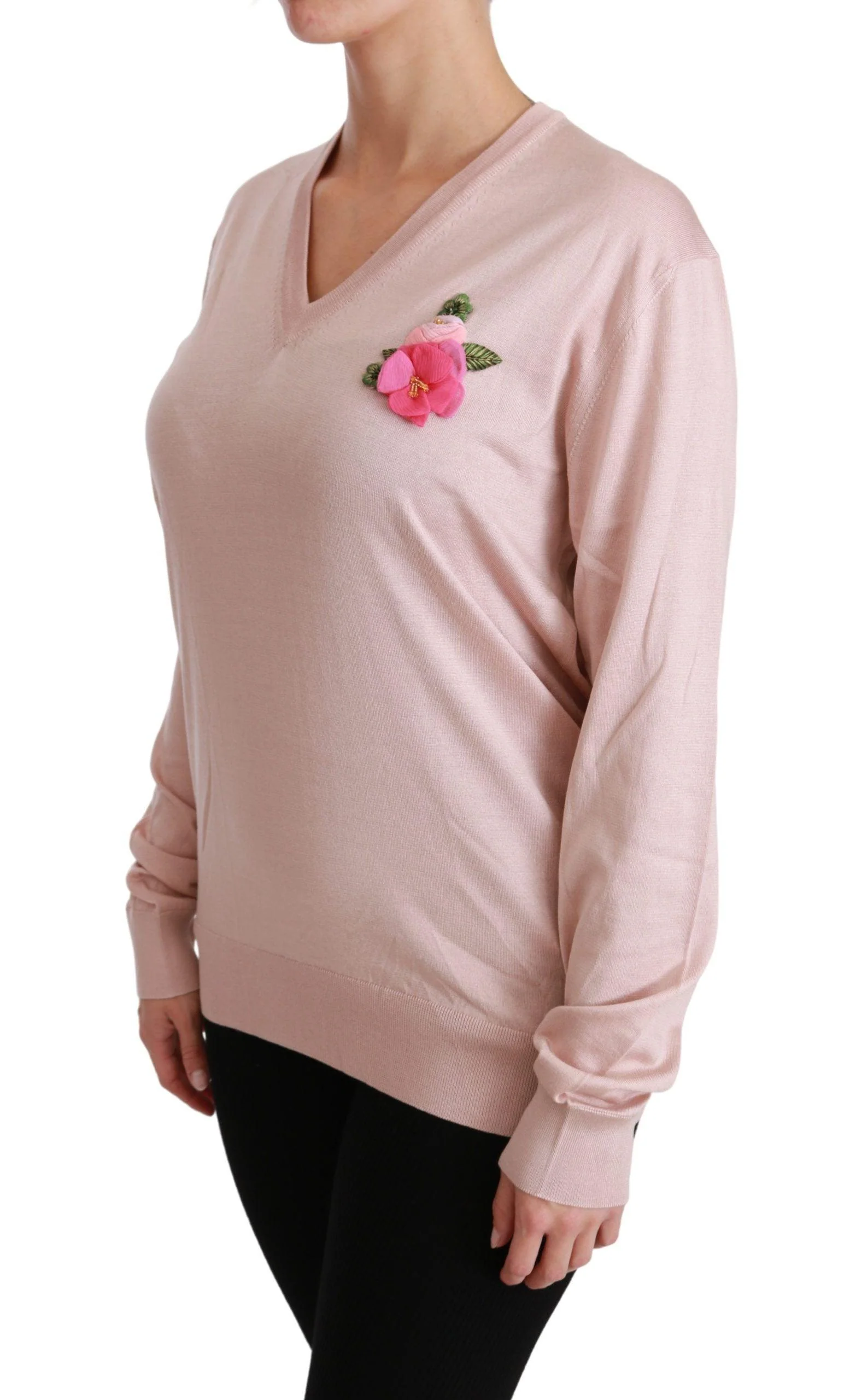Dolce & Gabbana Pink Floral Embellished Pullover Silk Sweater - Image 3