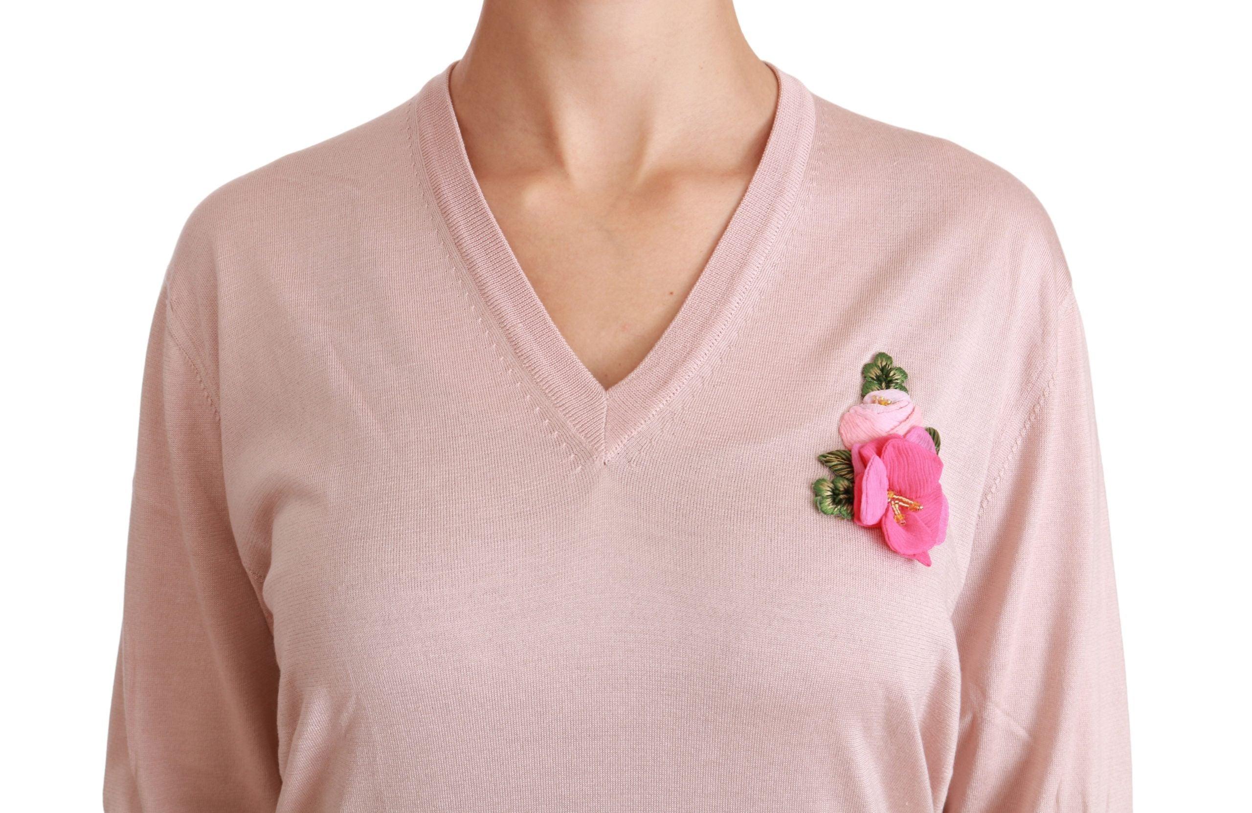 Dolce & Gabbana Pink Floral Embellished Pullover Silk Sweater - Image 5