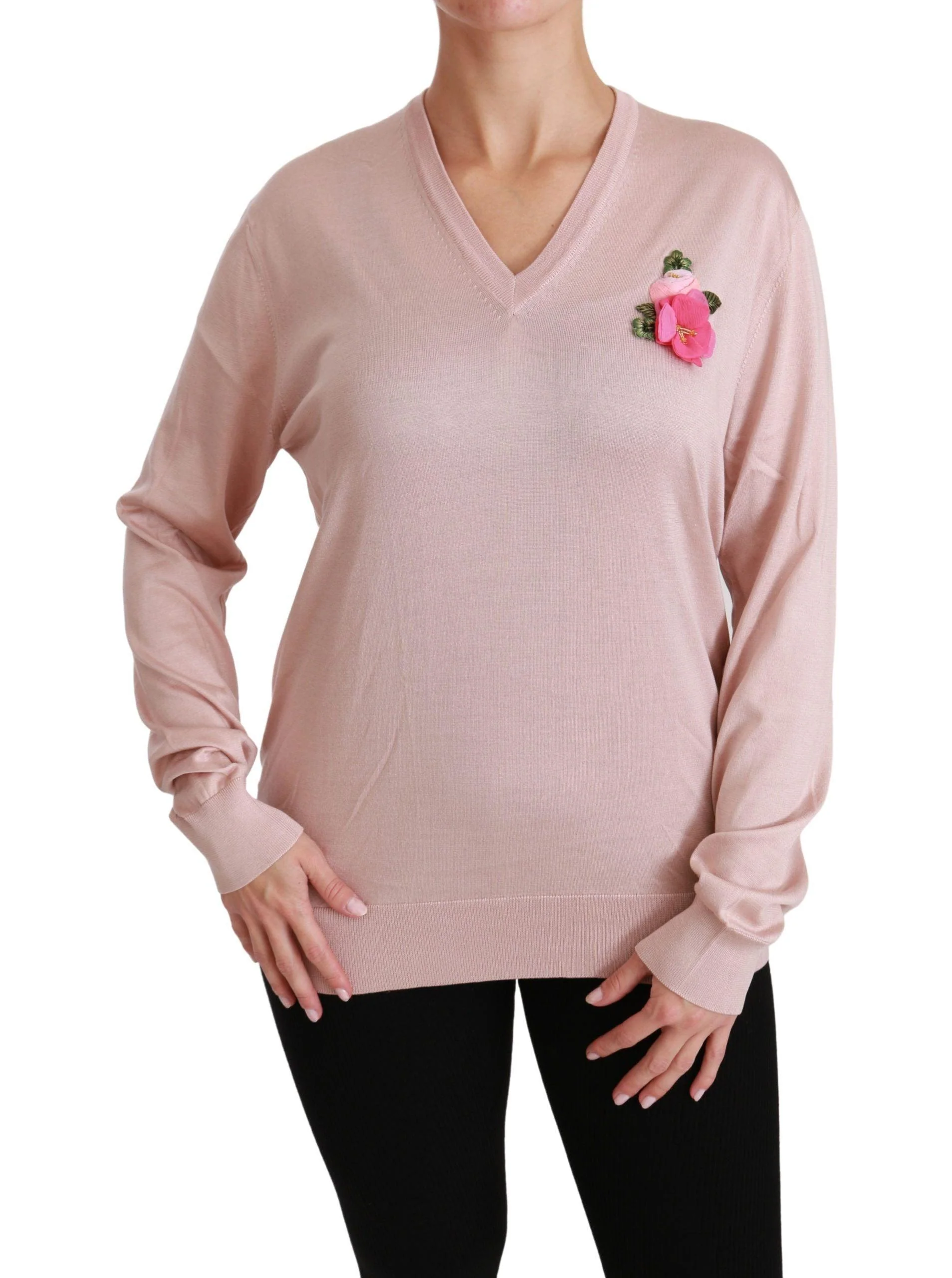 Dolce & Gabbana Pink Floral Embellished Pullover Silk Sweater - Image 6