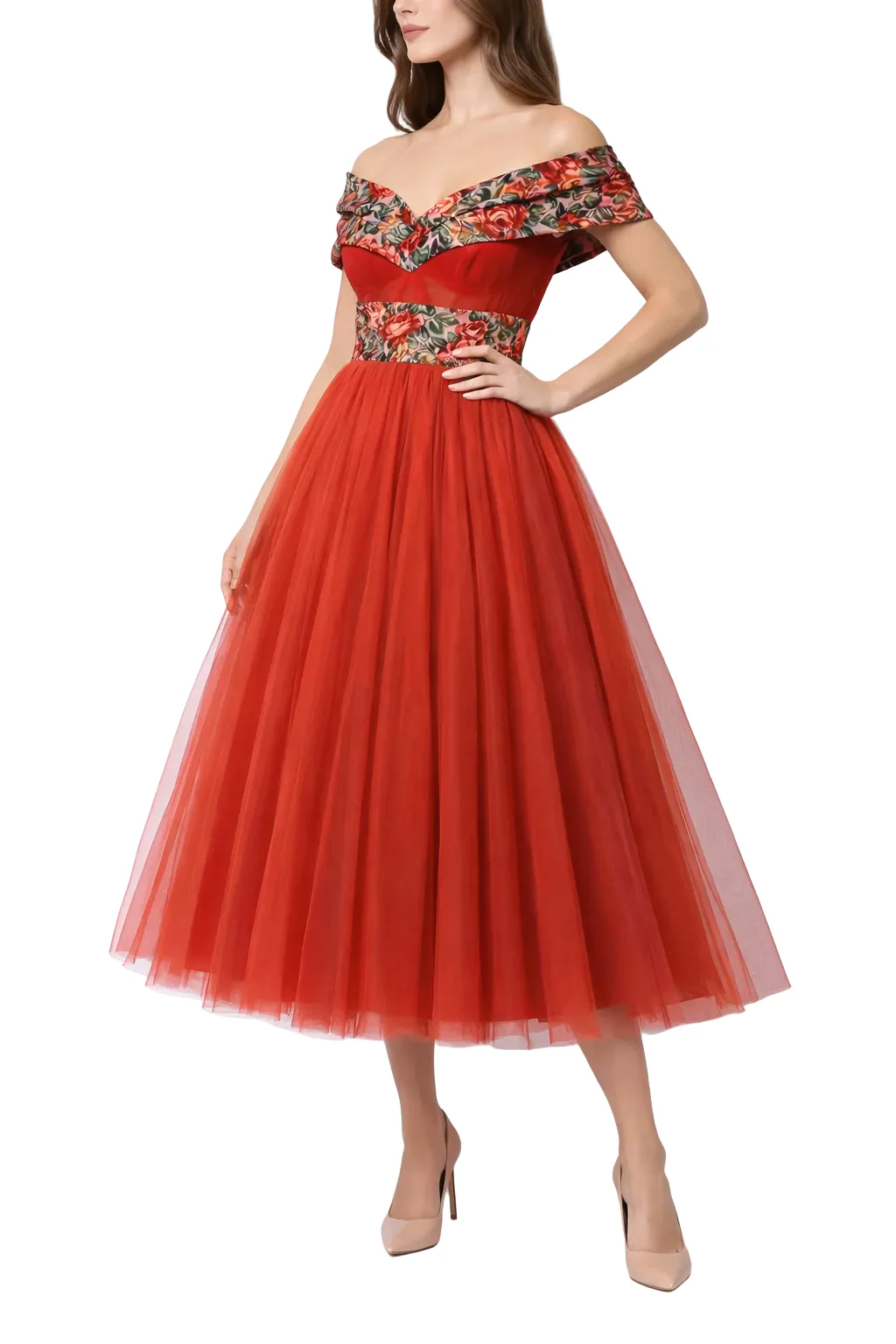 Dolce & Gabbana Red Off-Shoulder A-Line Tulle Dress - Image 3