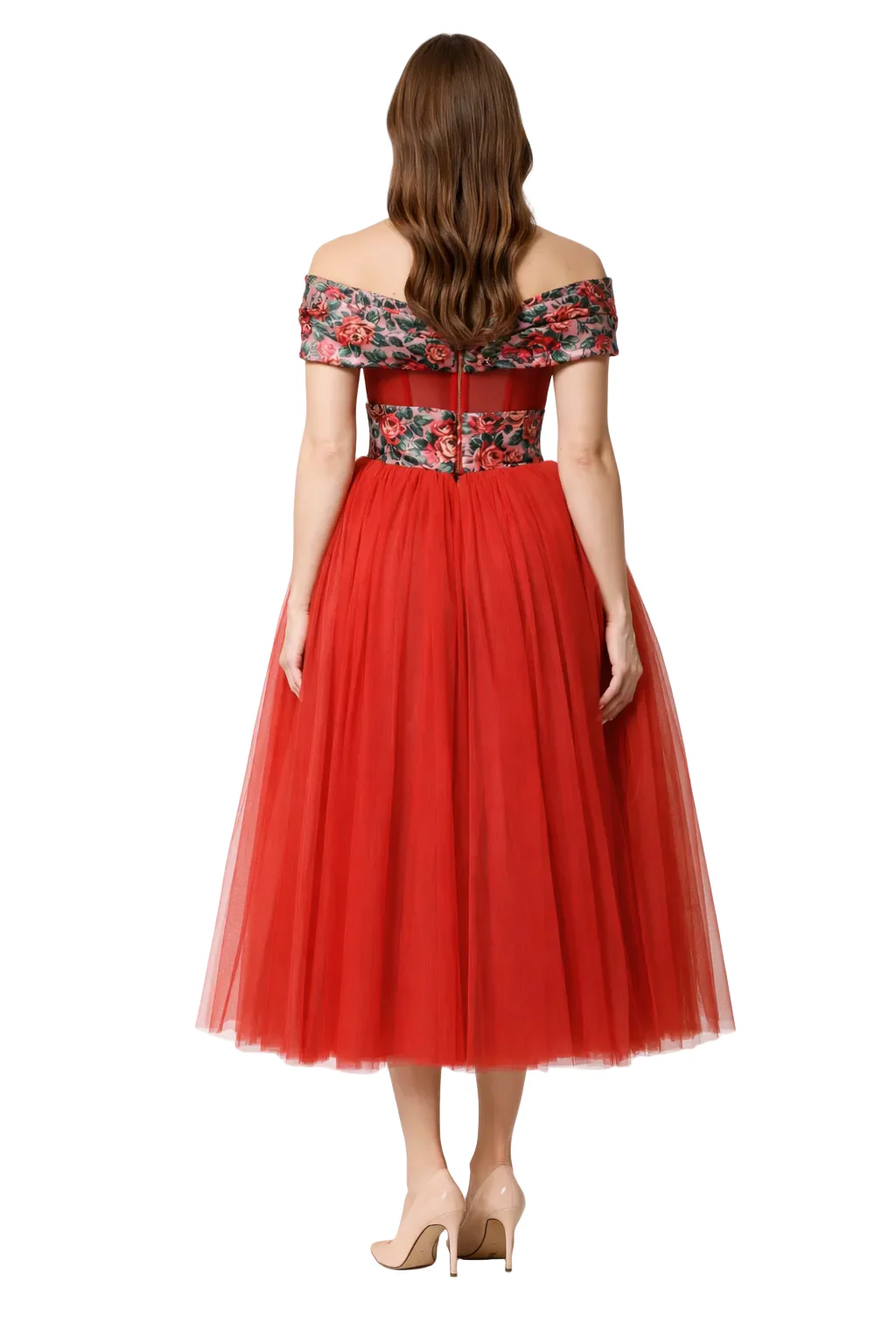 Dolce & Gabbana Red Off-Shoulder A-Line Tulle Dress - Image 4