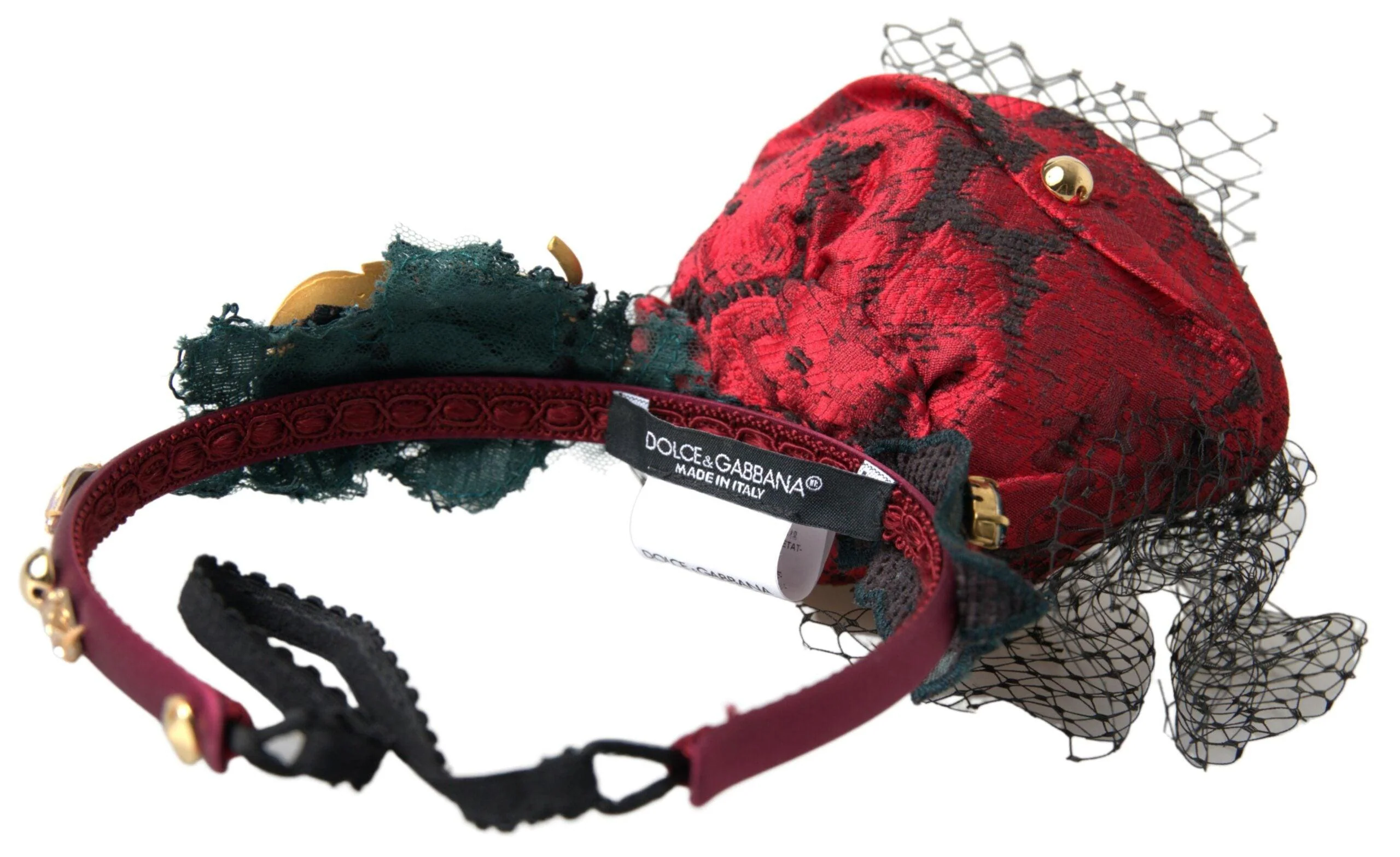 Dolce & Gabbana Red with multicolor Rose Silk Crystal Netted Logo Diadem Headband - Image 4