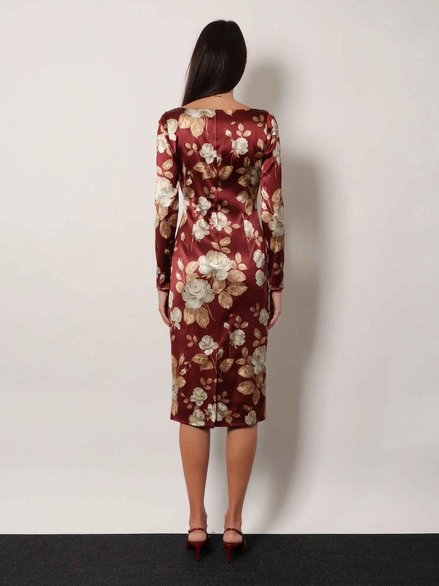 Dolce & Gabbana Vintage Rose Print Satin Midi Pencil Dress - Image 3