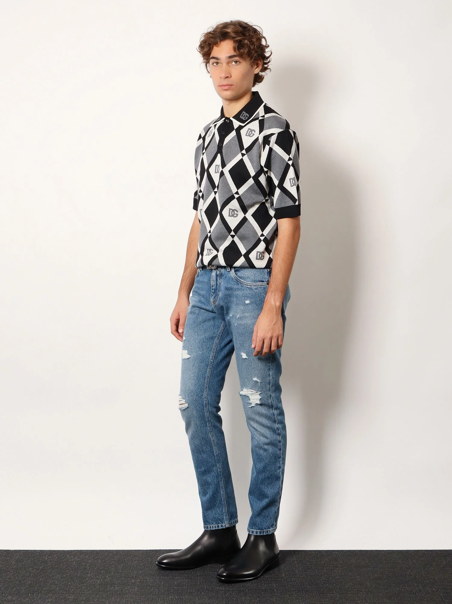 Dolce & Gabbana Virgin Wool Polo Shirt With Geometric Print - Image 2