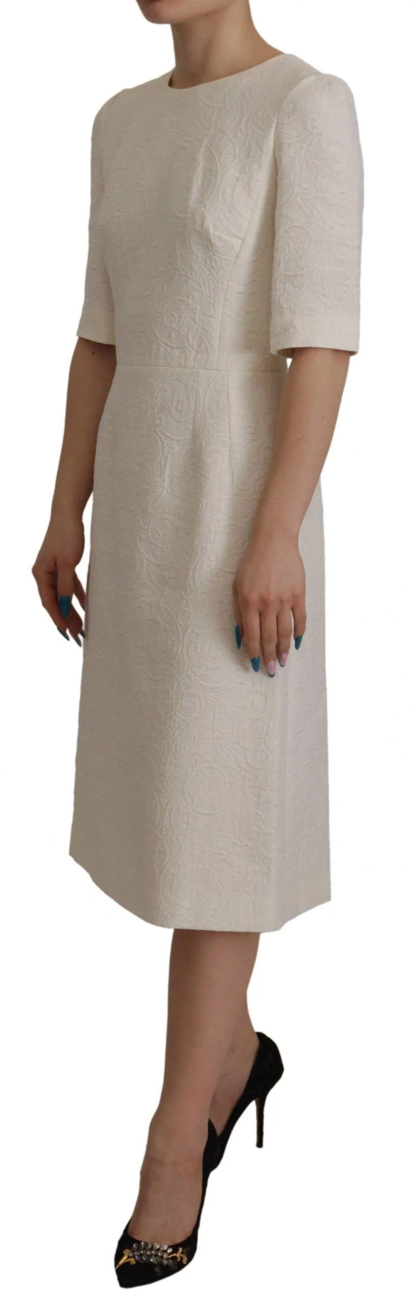Dolce & Gabbana White Jaquard Midi Floral Sheath Brocade Dress - Image 3