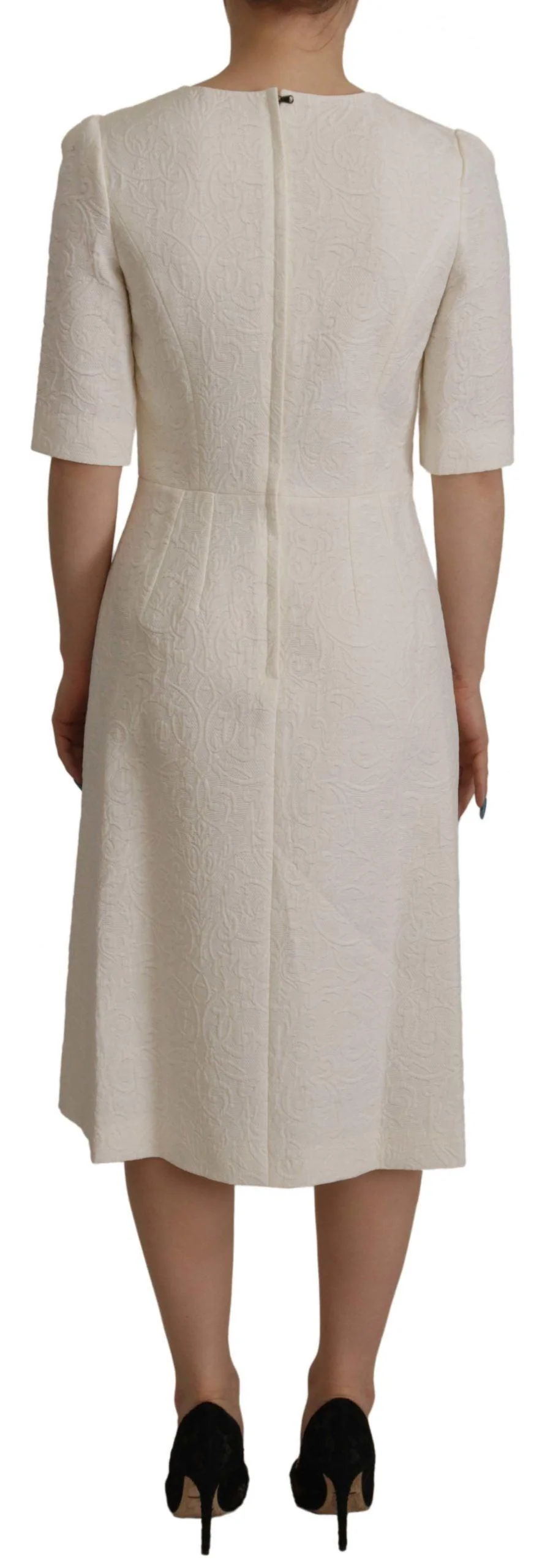 Dolce & Gabbana White Jaquard Midi Floral Sheath Brocade Dress - Image 4